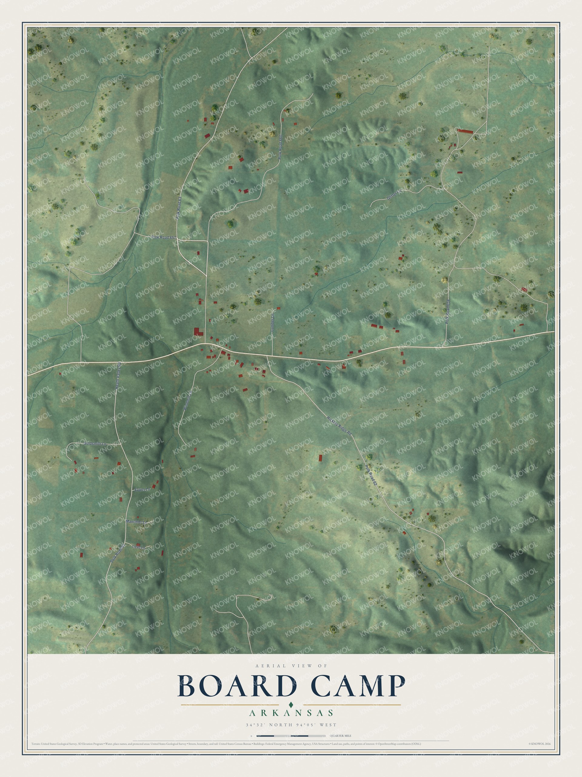 Full map of Board Camp, Arkansas, with red buildings, printed street names and the land around them