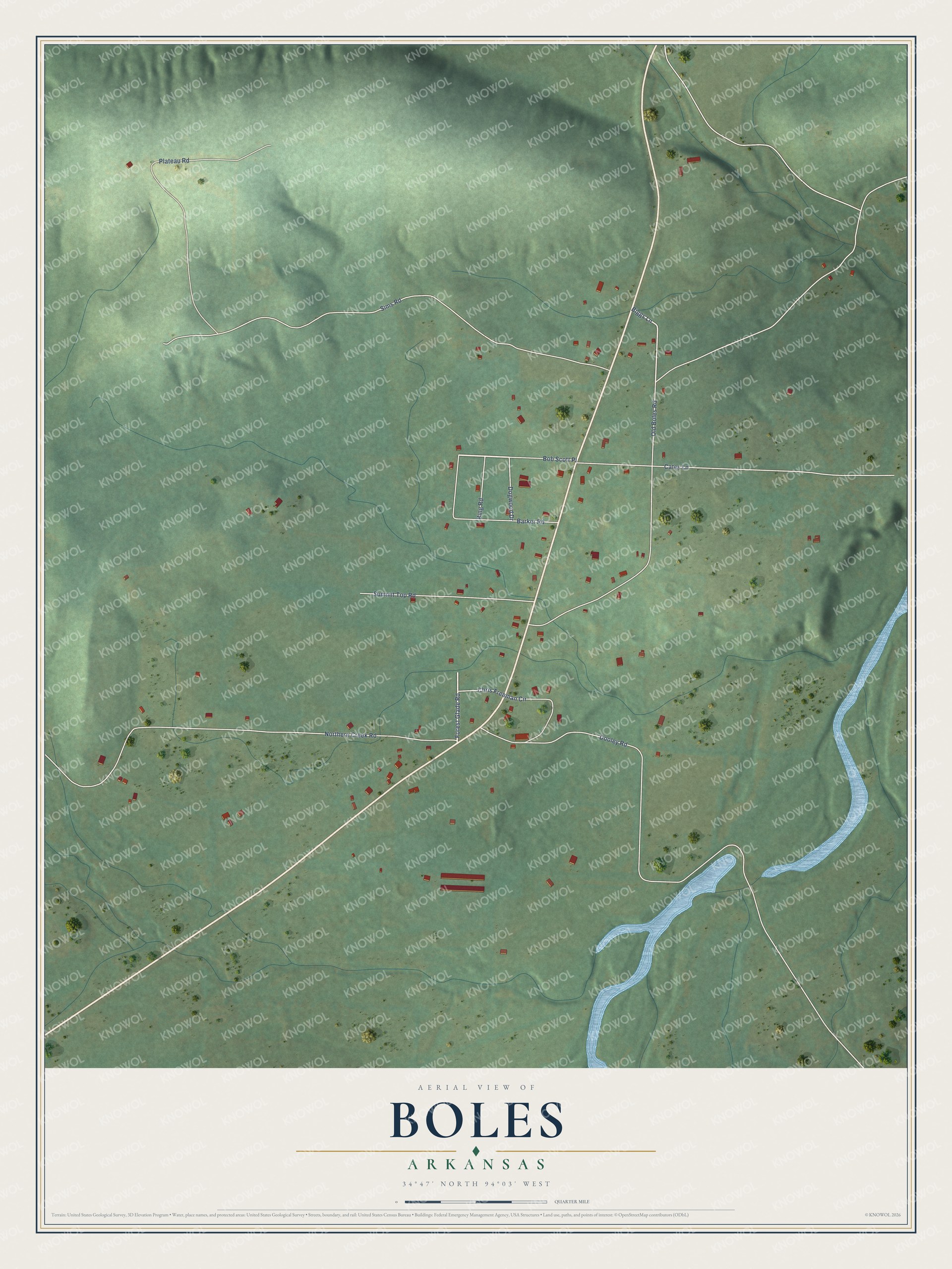 Full map of Boles, Arkansas, with red buildings, printed street names and the land around them