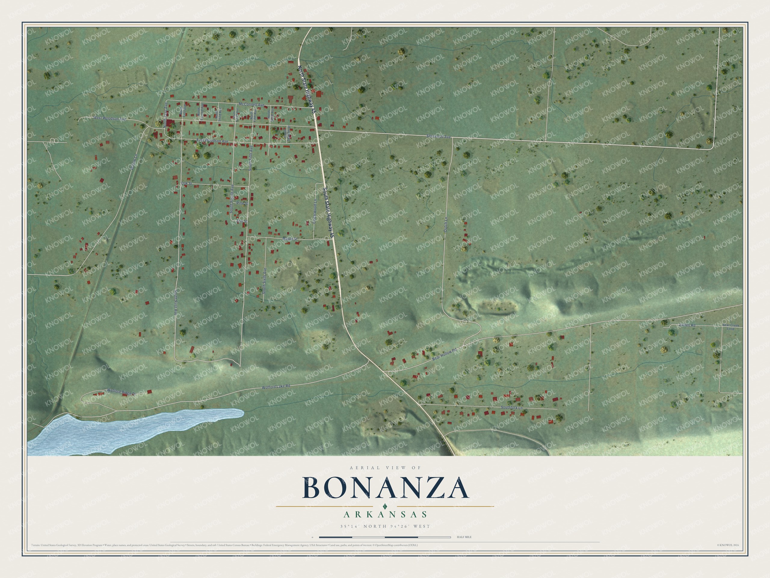 Full map of Bonanza, Arkansas, with red buildings, printed street names and the land around them