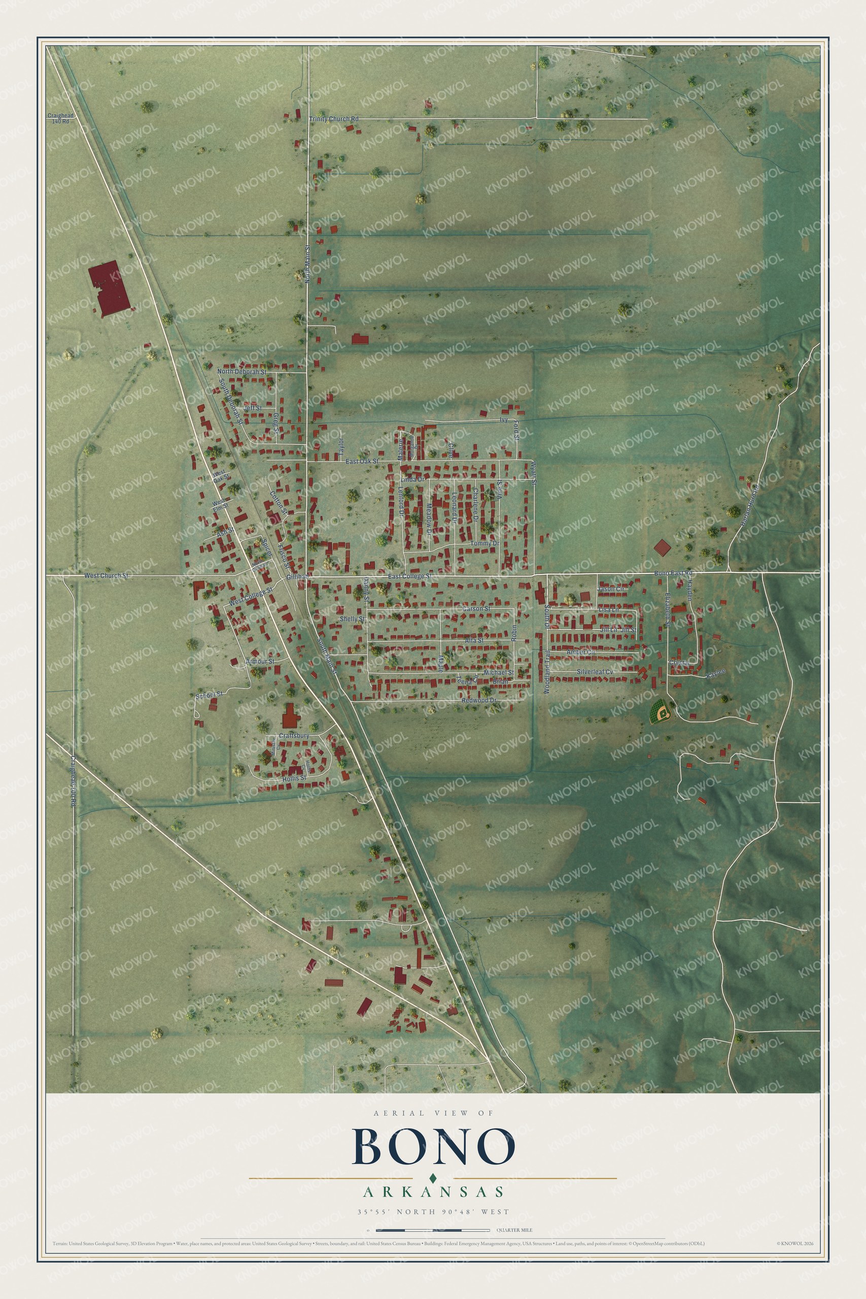 Full map of Bono, Arkansas, with red buildings, printed street names and the land around them