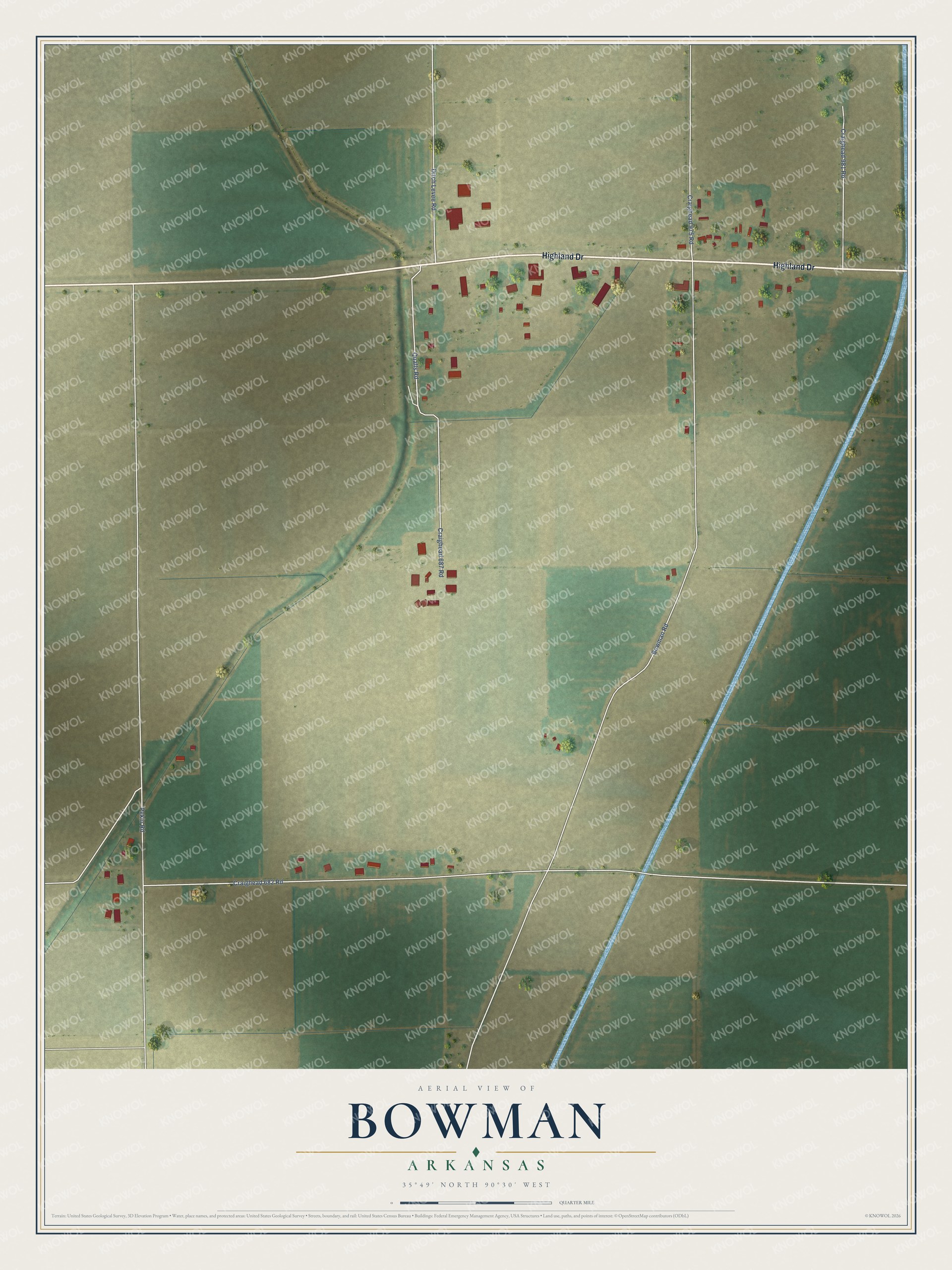Full map of Bowman, Arkansas, with red buildings, printed street names and the land around them
