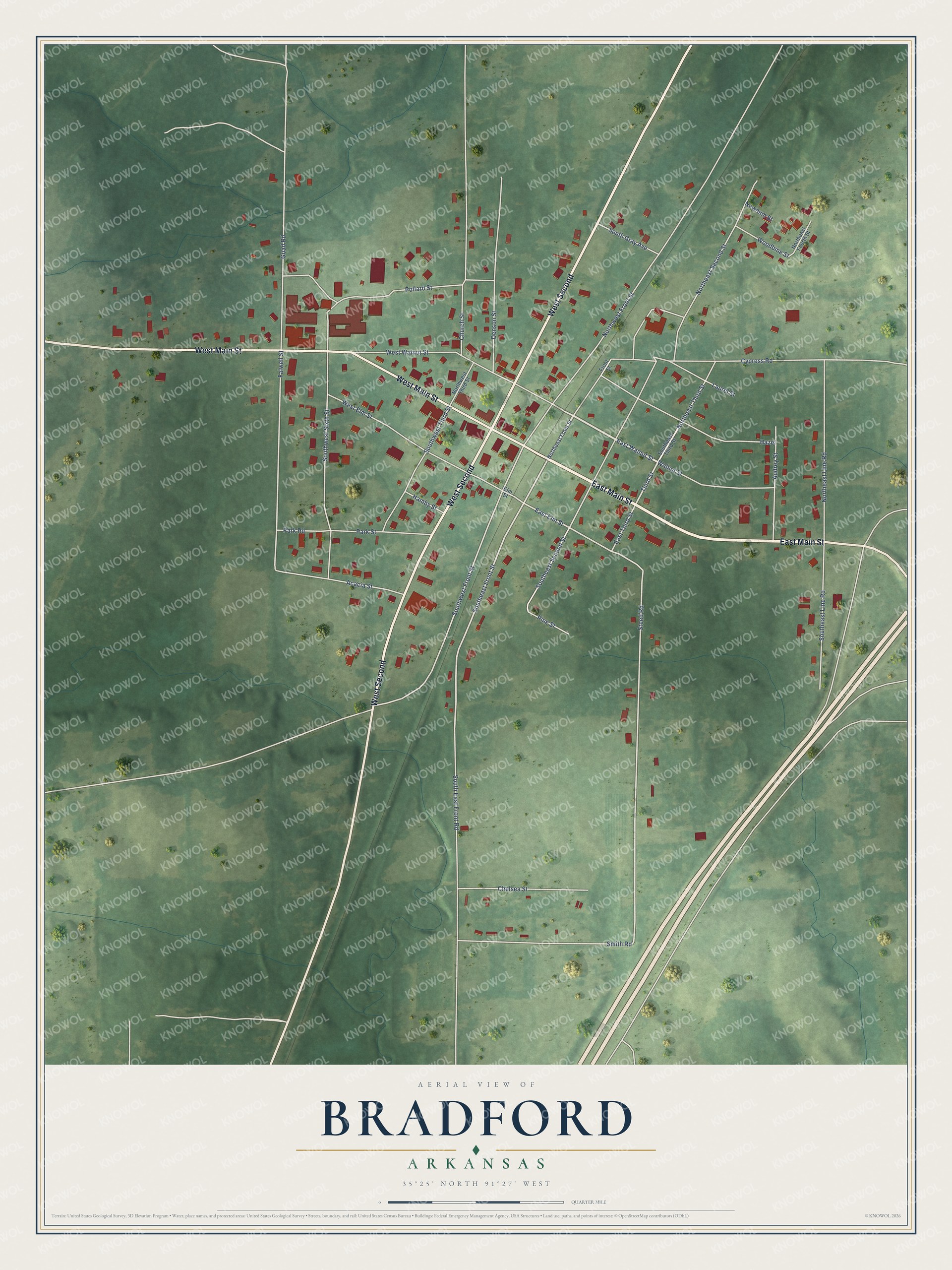 Full map of Bradford, Arkansas, with red buildings, printed street names and the land around them