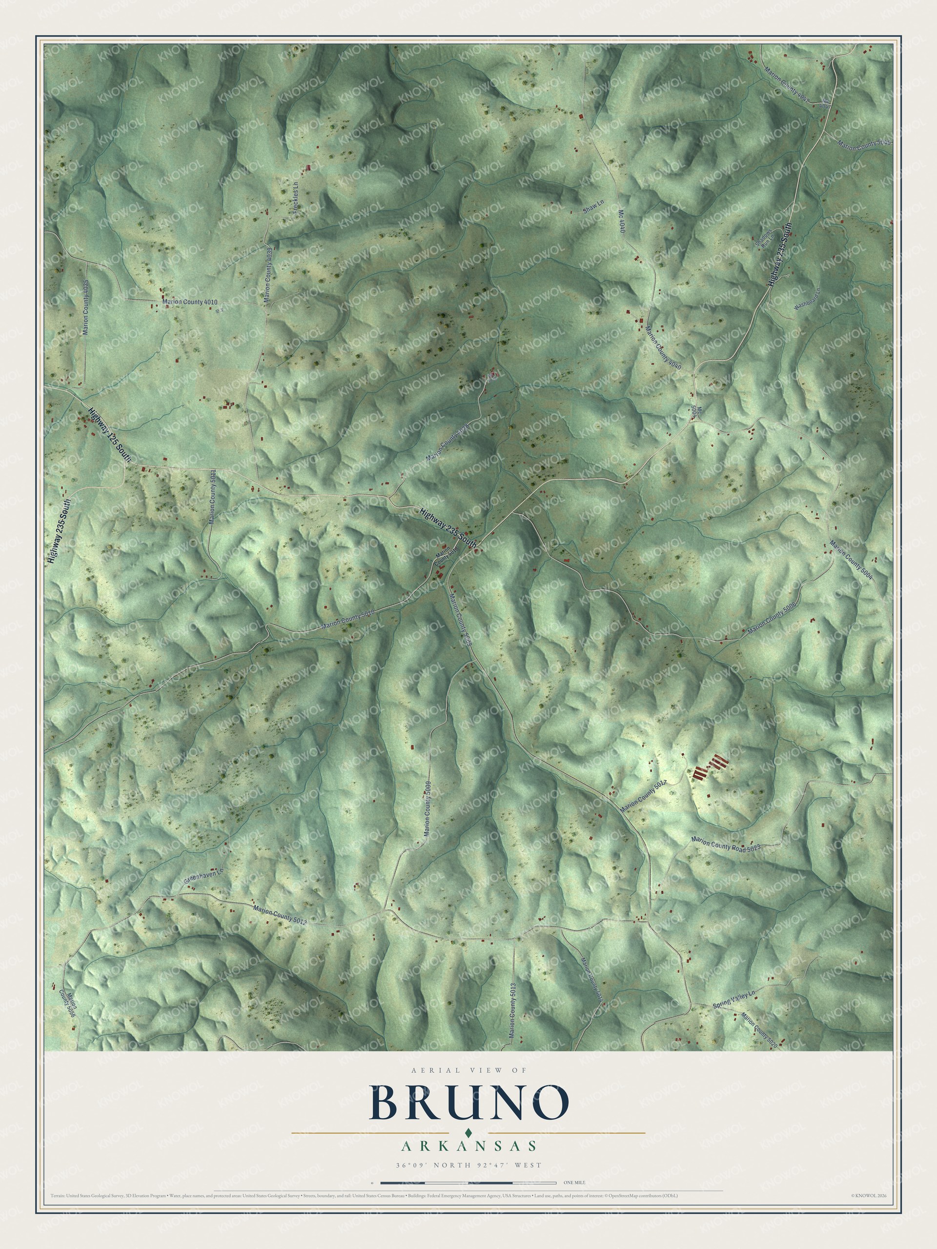Full map of Bruno, Arkansas, with red buildings, printed street names and the land around them