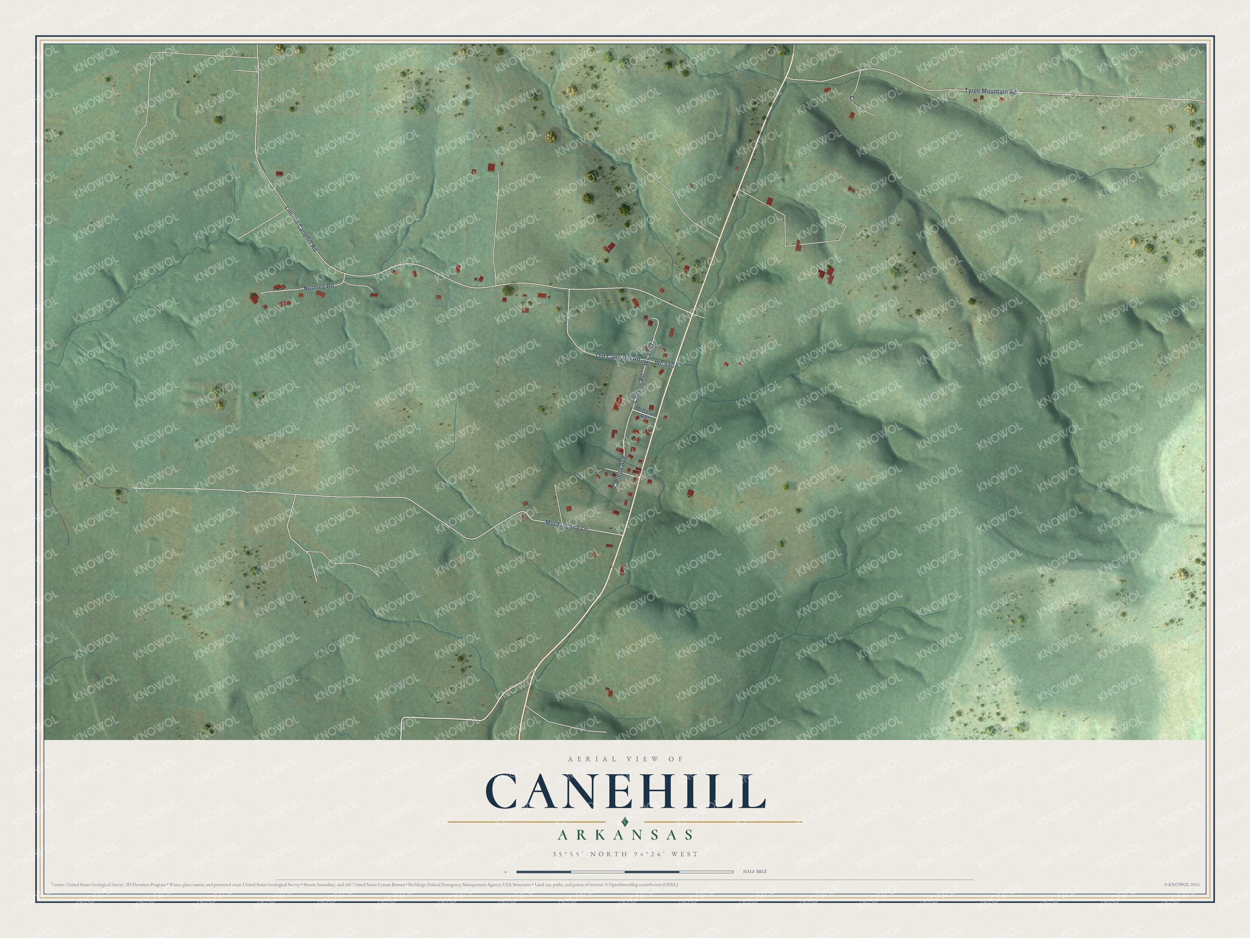 Full map of Canehill, Arkansas, with red buildings, printed street names and the land around them