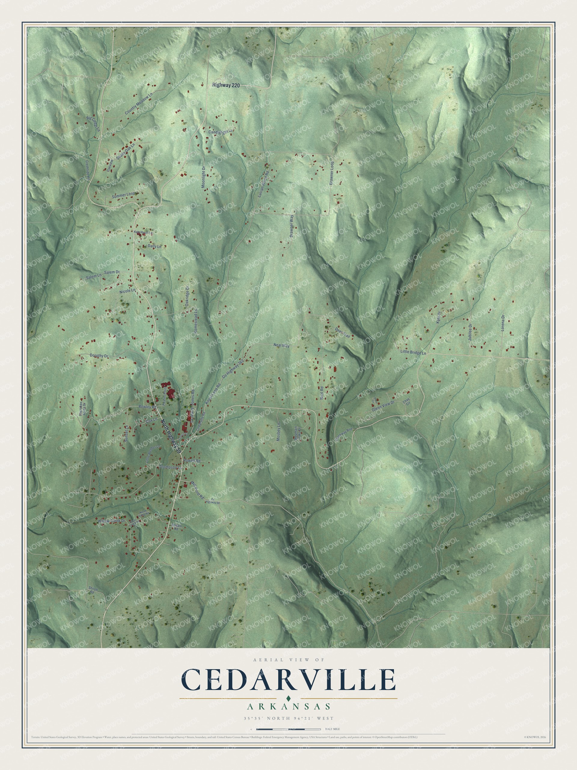 Full map of Cedarville, Arkansas, with red buildings, printed street names and the land around them