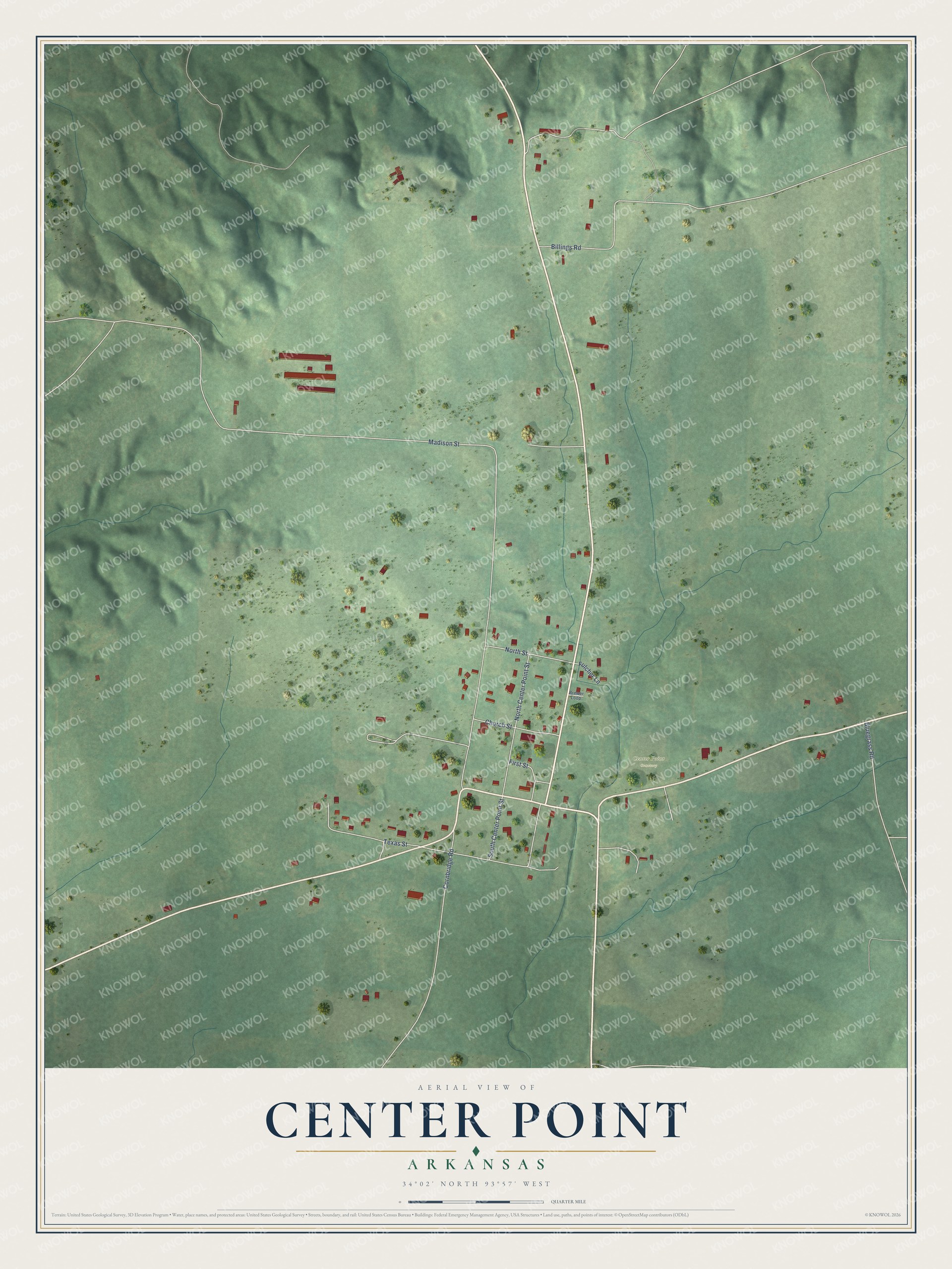 Full map of Center Point, Arkansas, with red buildings, printed street names and the land around them