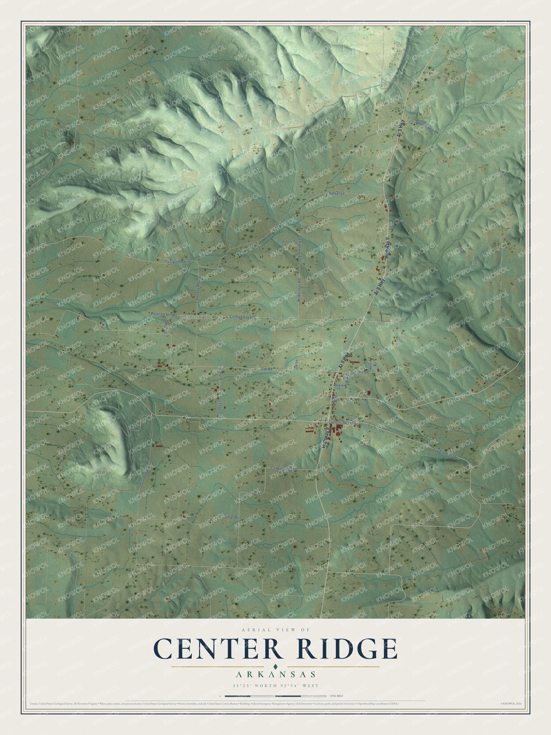 Full map of Center Ridge, Arkansas, with red buildings, printed street names and the land around them