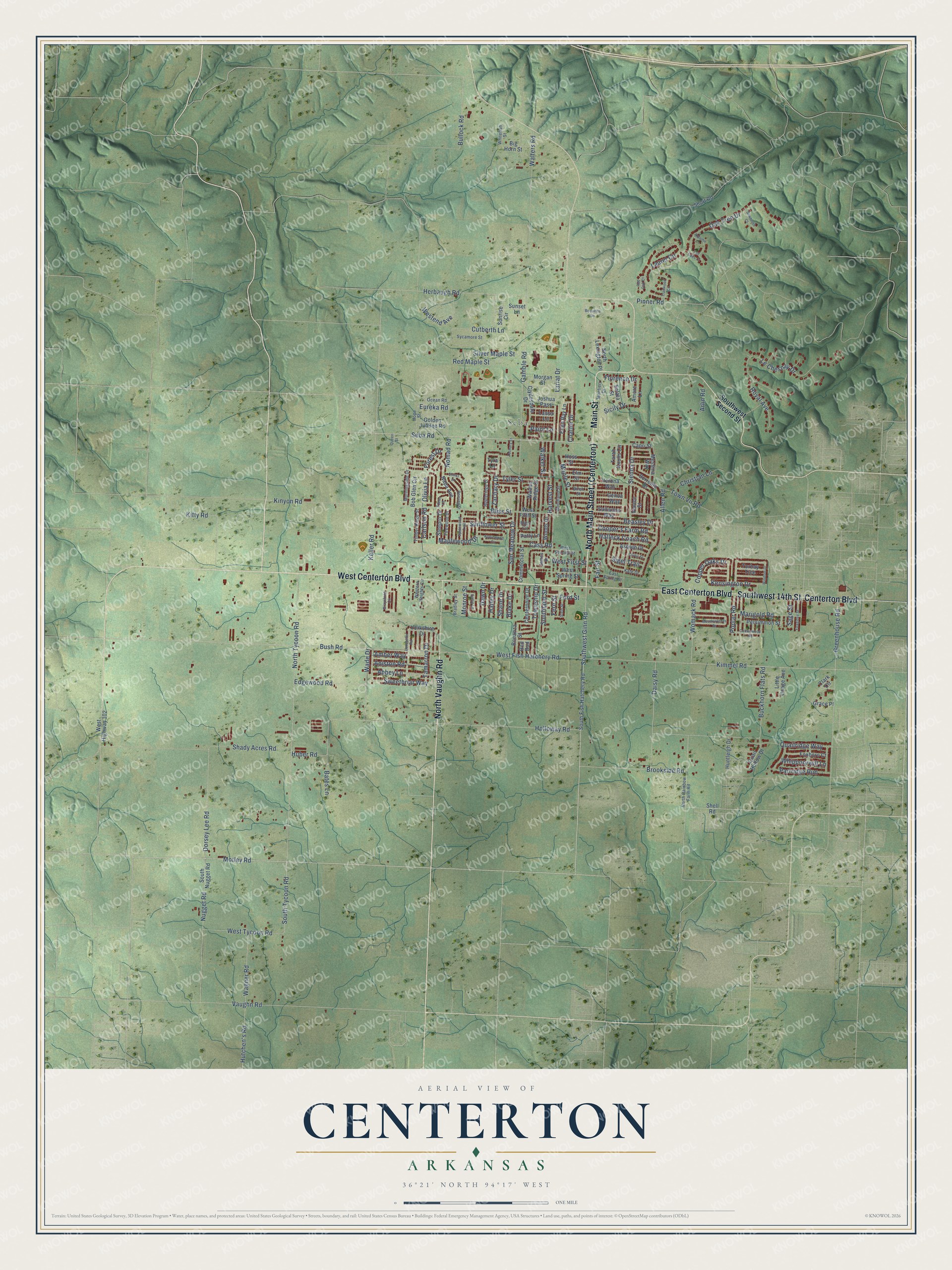 Full map of Centerton, Arkansas, with red buildings, printed street names and the land around them