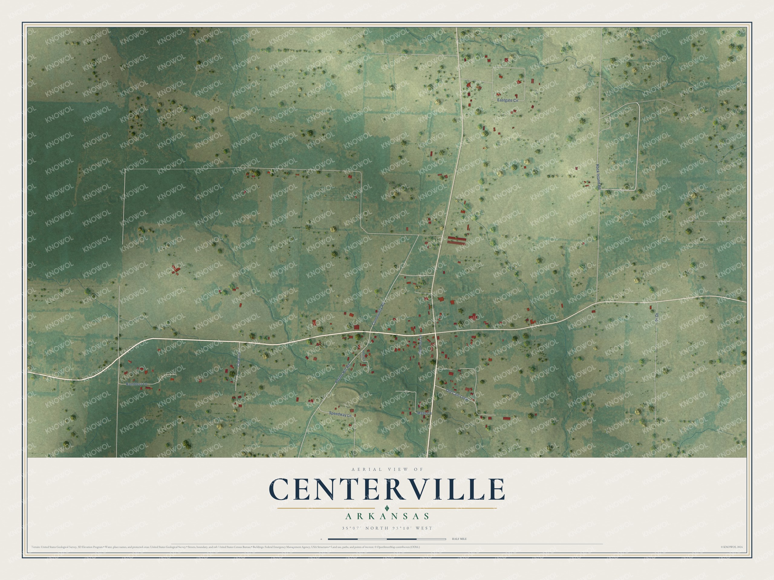 Full map of Centerville, Arkansas, with red buildings, printed street names and the land around them