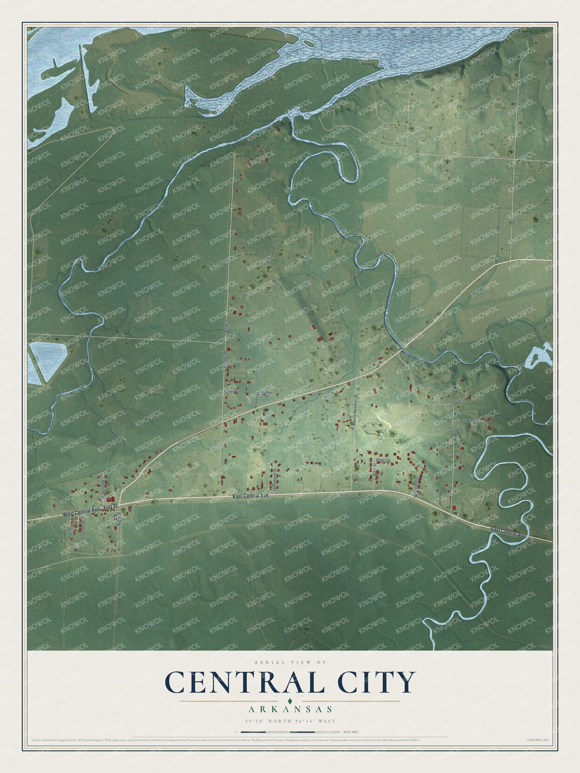 Full map of Central City, Arkansas, with red buildings, printed street names and the land around them