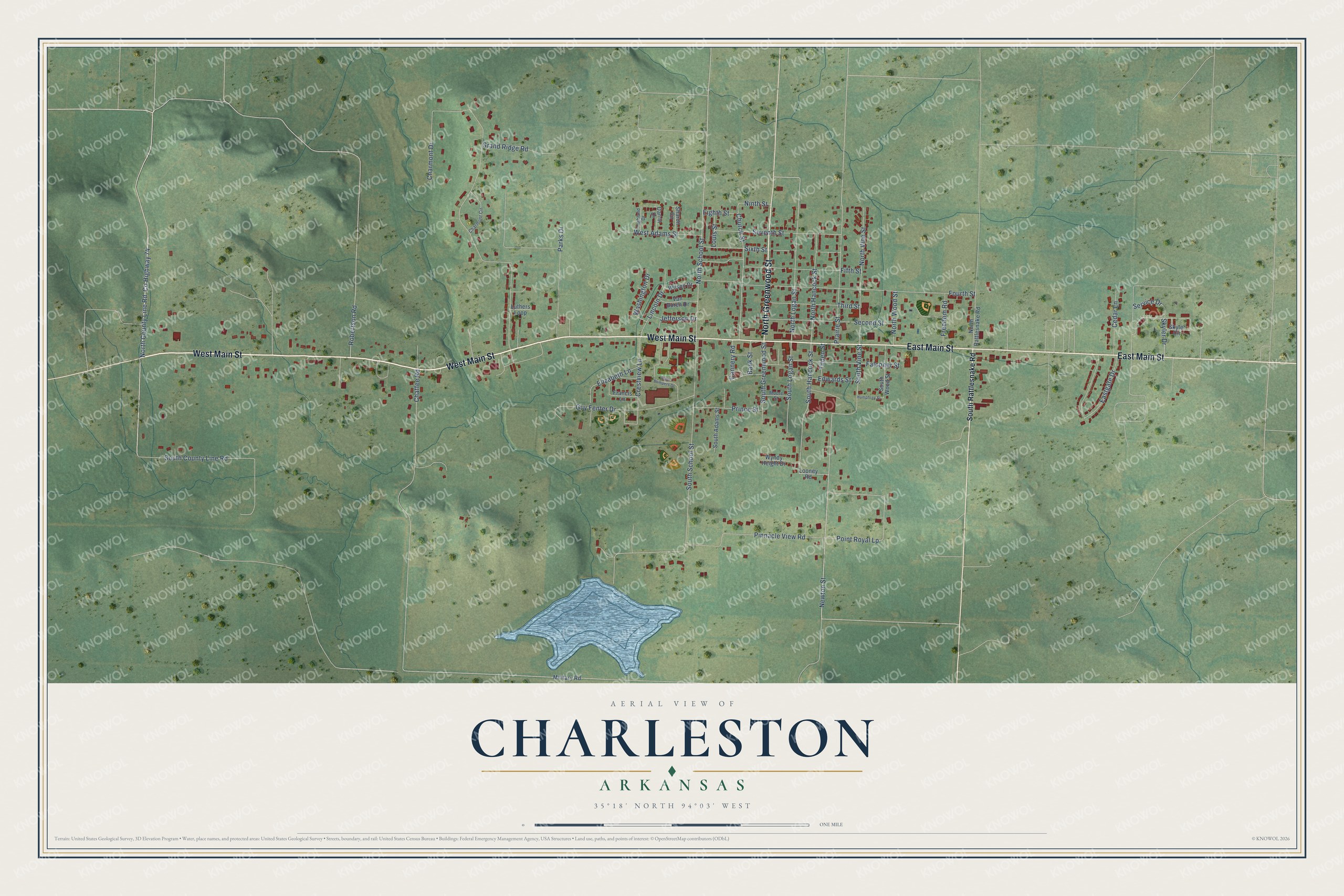 Full map of Charleston, Arkansas, with red buildings, printed street names and the land around them