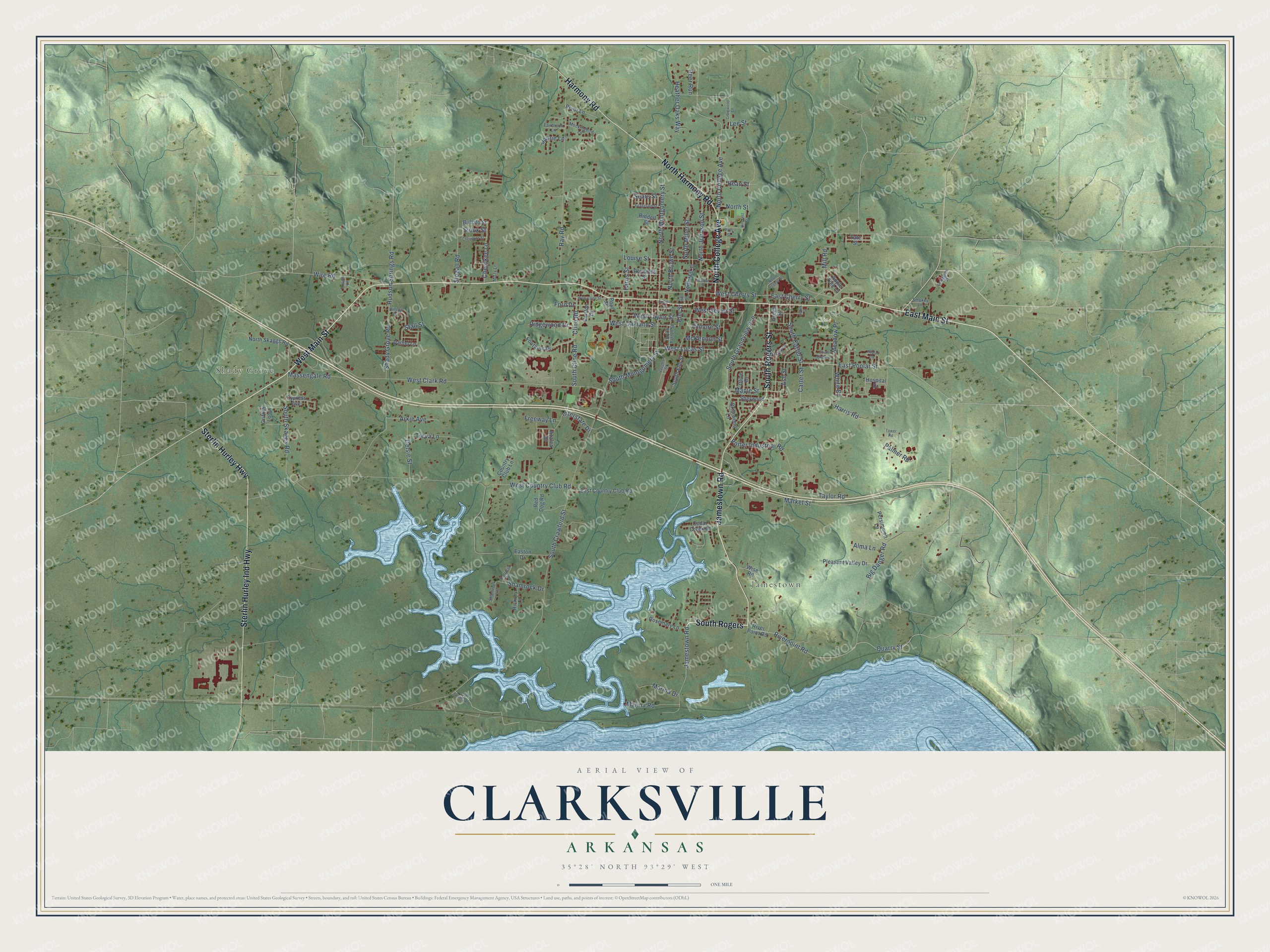 Full map of Clarksville, Arkansas, with red buildings, printed street names and the land around them