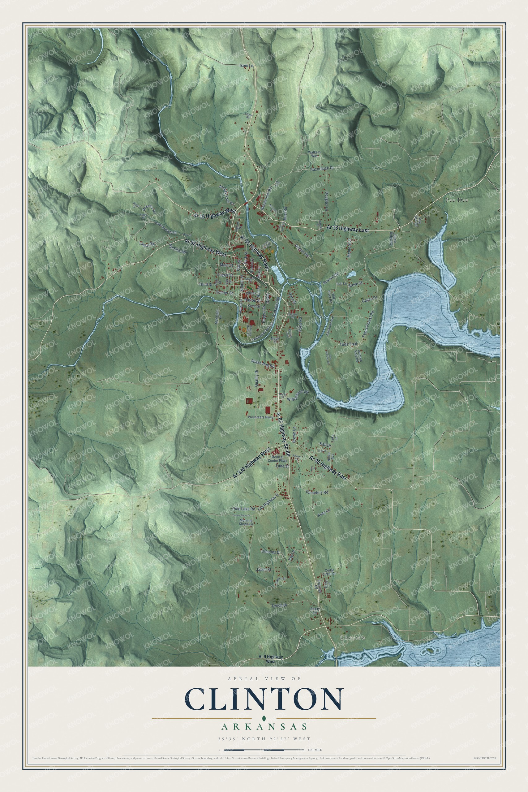 Full map of Clinton, Arkansas, with red buildings, printed street names and the land around them