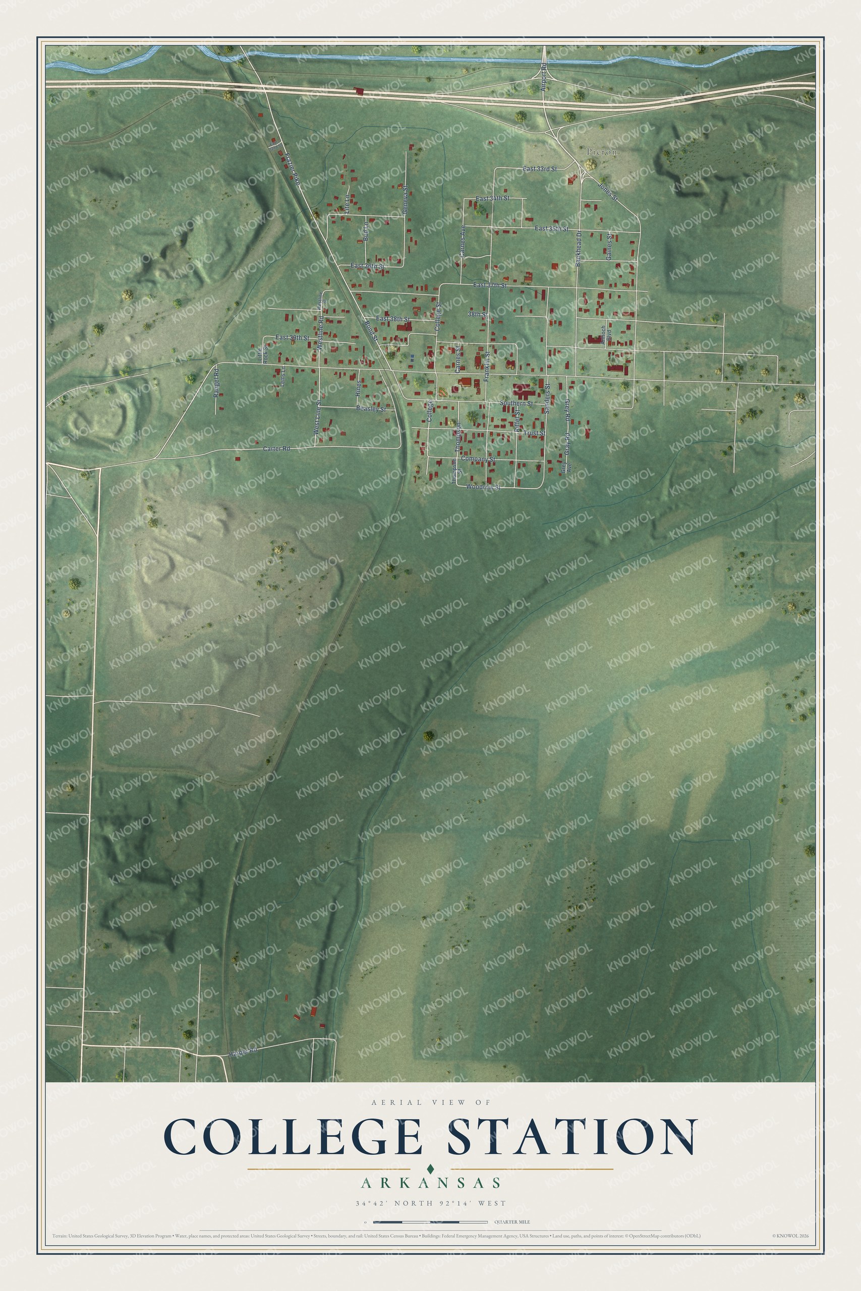 Full map of College Station, Arkansas, with red buildings, printed street names and the land around them