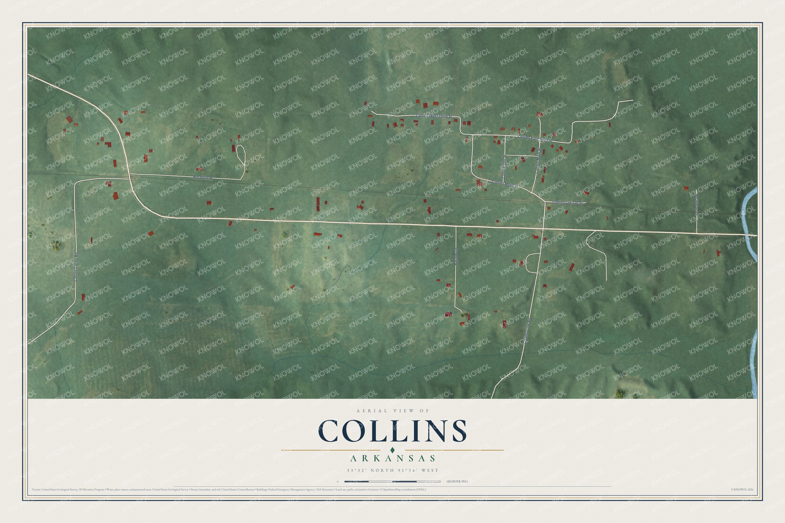 Full map of Collins, Arkansas, with red buildings, printed street names and the land around them