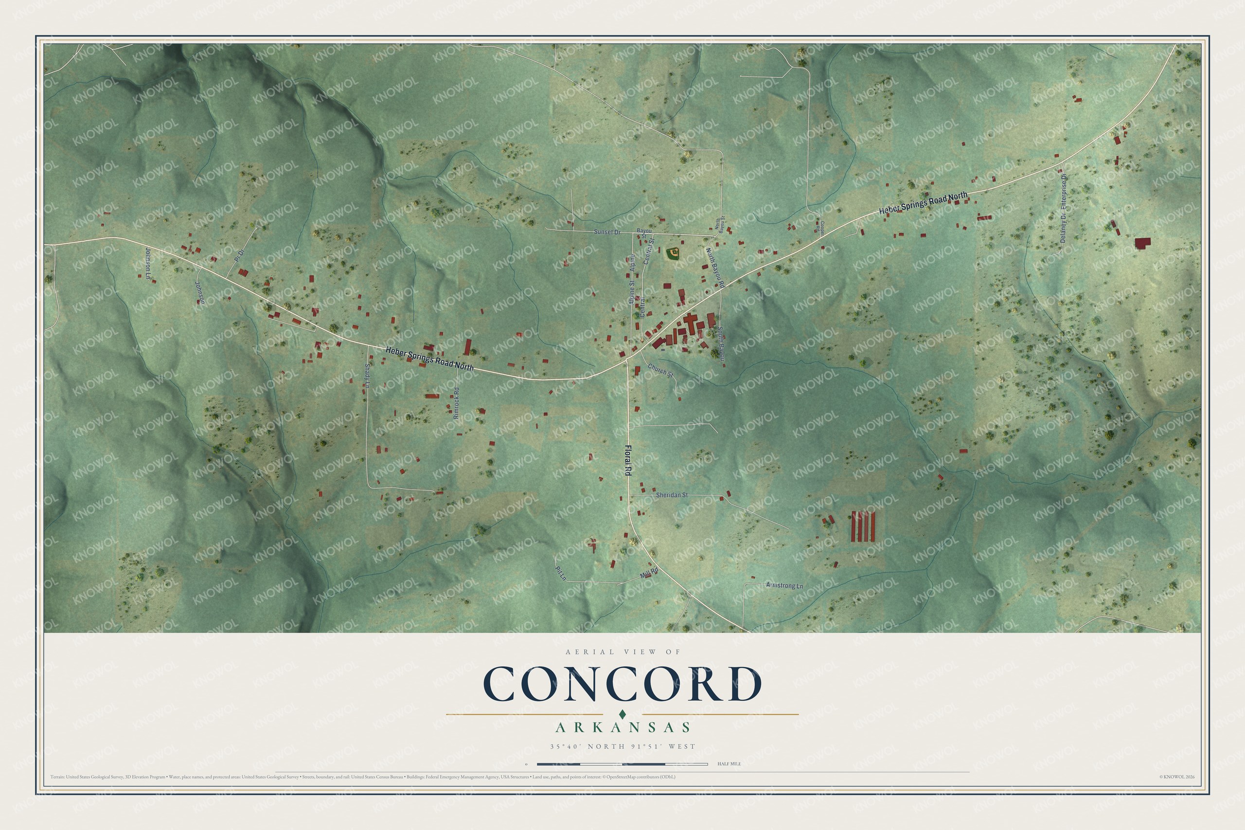 Full map of Concord, Arkansas, with red buildings, printed street names and the land around them