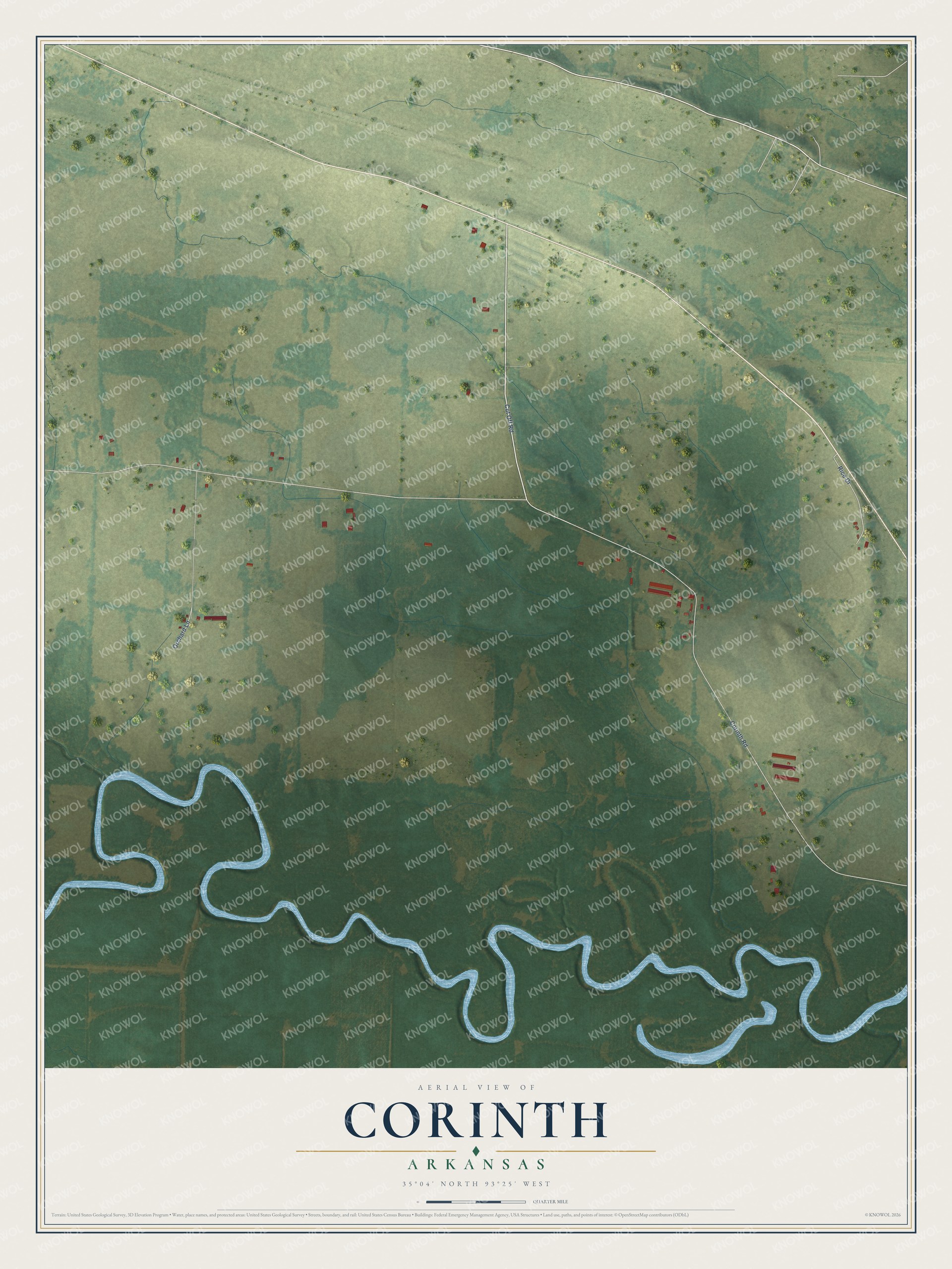 Full map of Corinth, Arkansas, with red buildings, printed street names and the land around them