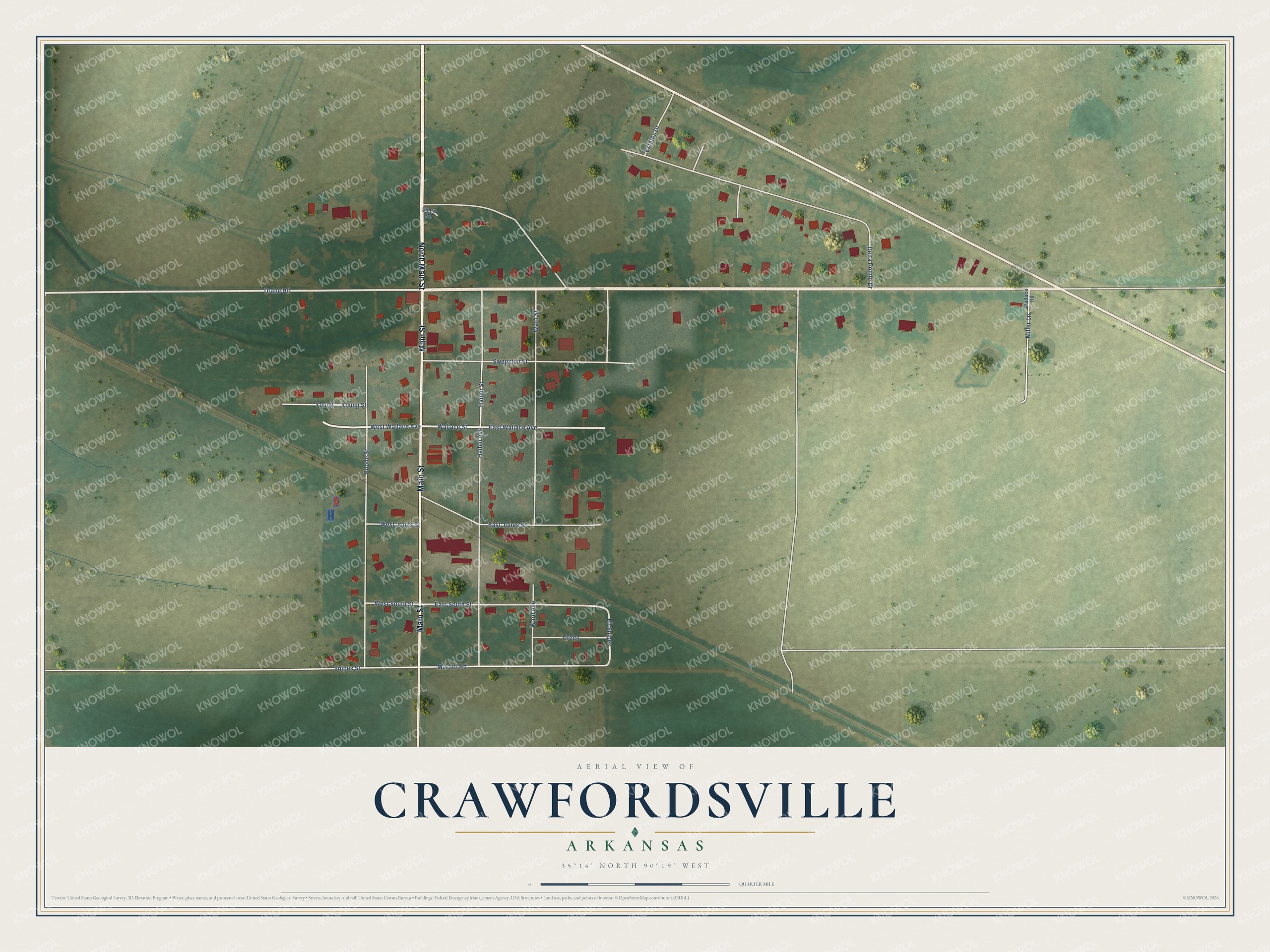 Full map of Crawfordsville, Arkansas, with red buildings, printed street names and the land around them