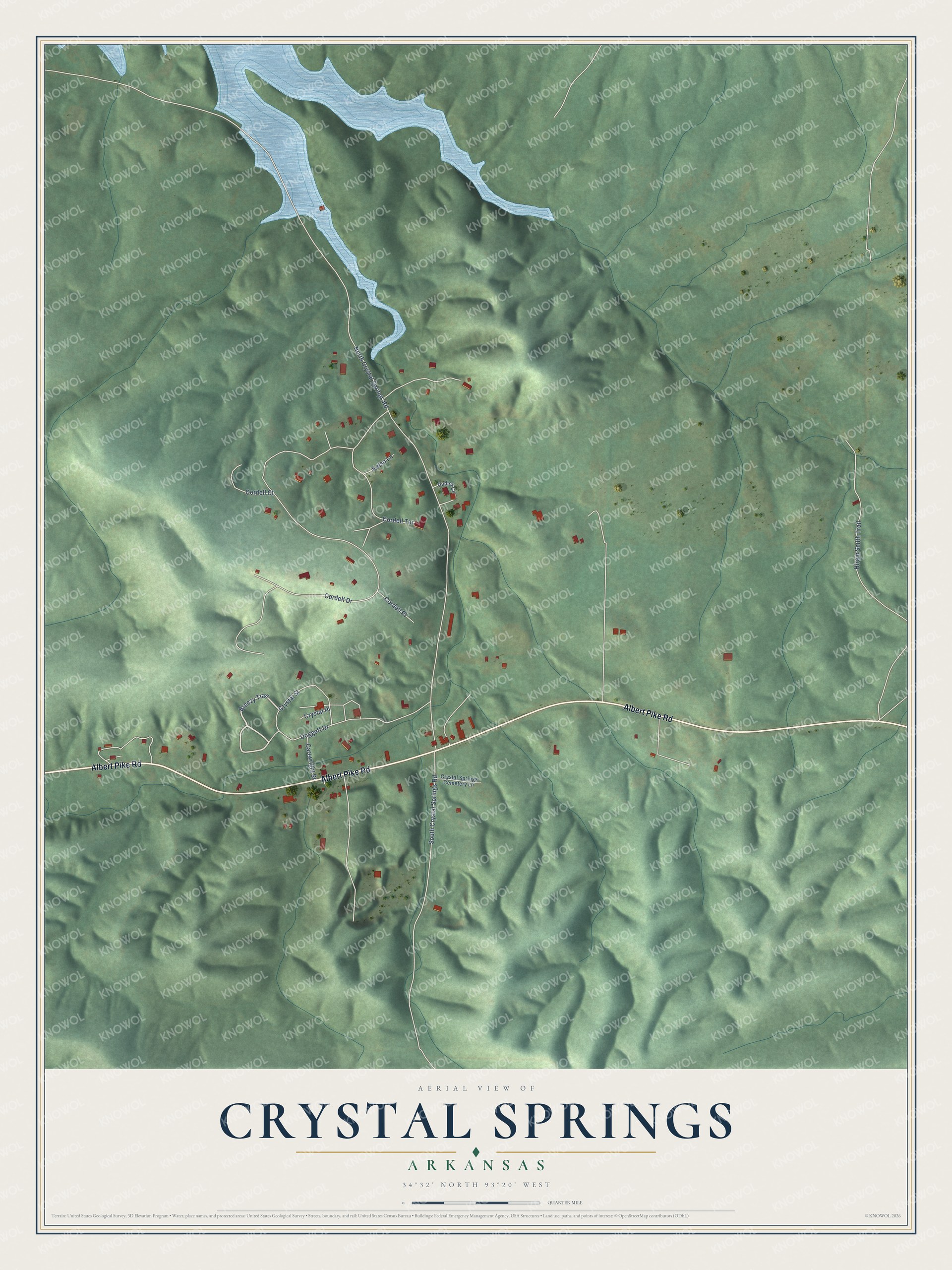 Full map of Crystal Springs, Arkansas, with red buildings, printed street names and the land around them