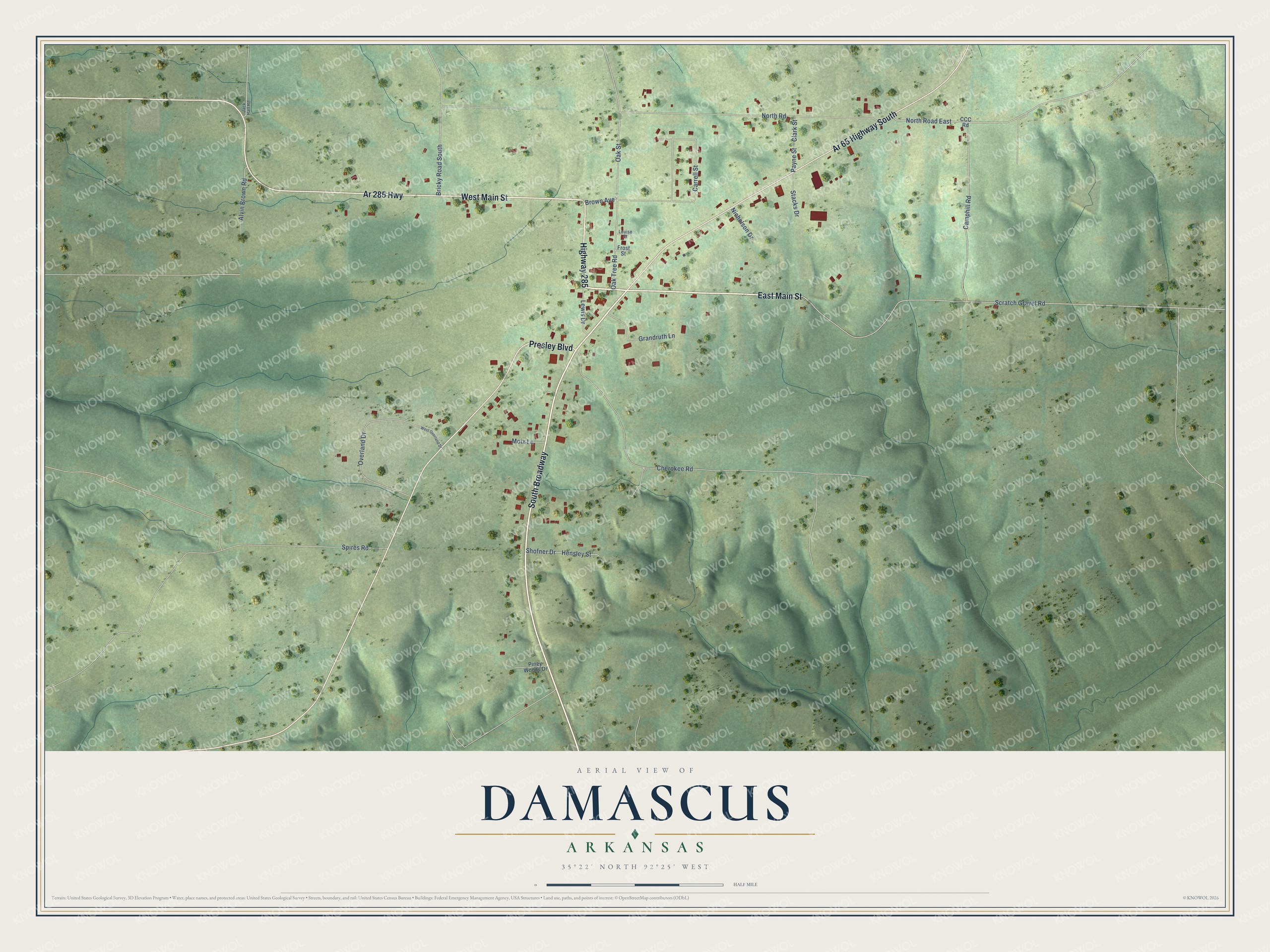 Full map of Damascus, Arkansas, with red buildings, printed street names and the land around them