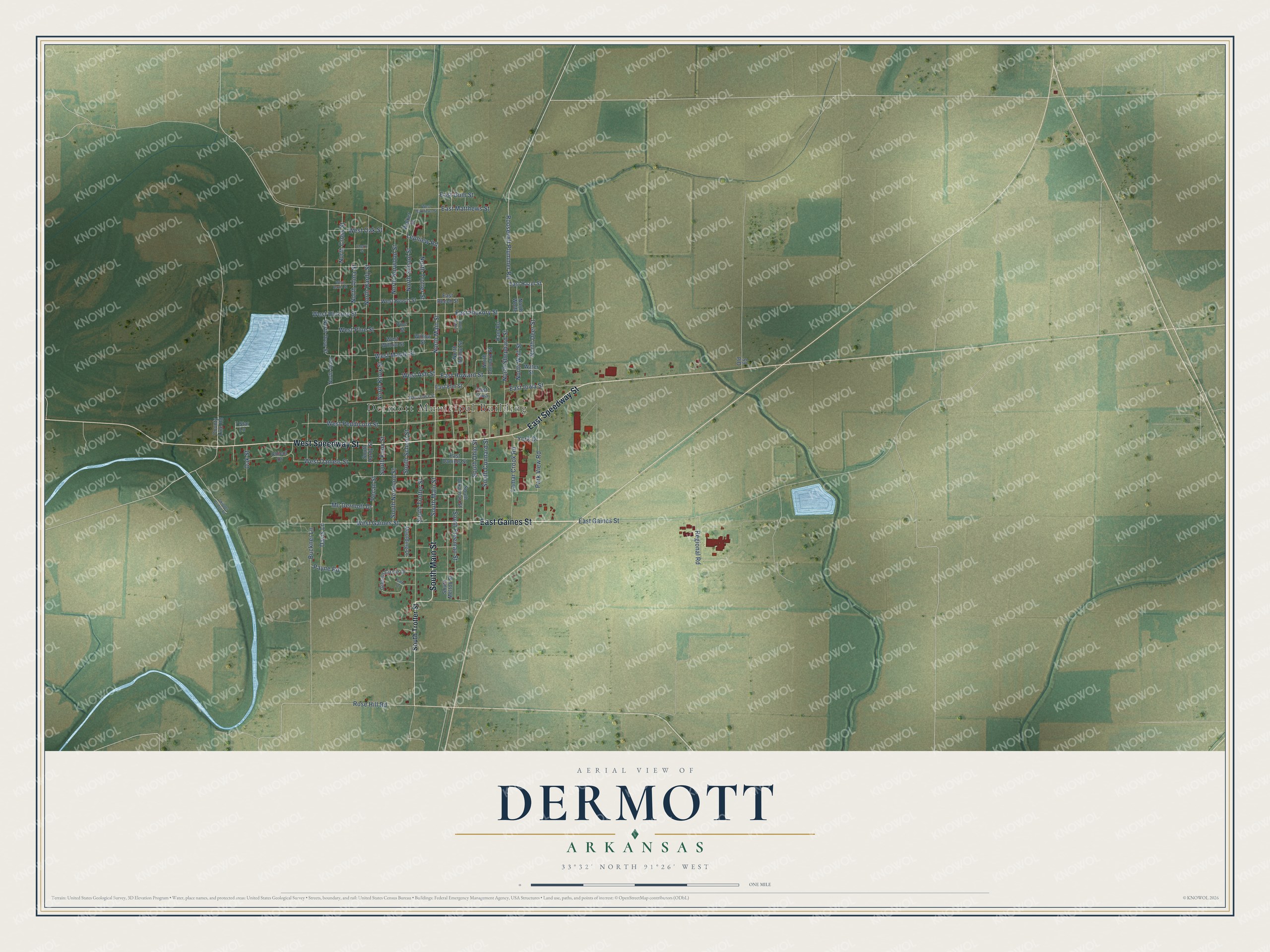Full map of Dermott, Arkansas, with red buildings, printed street names and the land around them