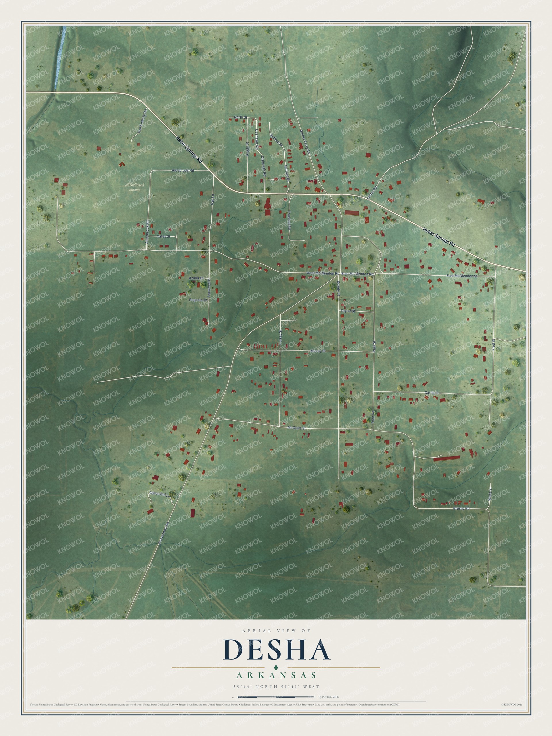 Full map of Desha, Arkansas, with red buildings, printed street names and the land around them