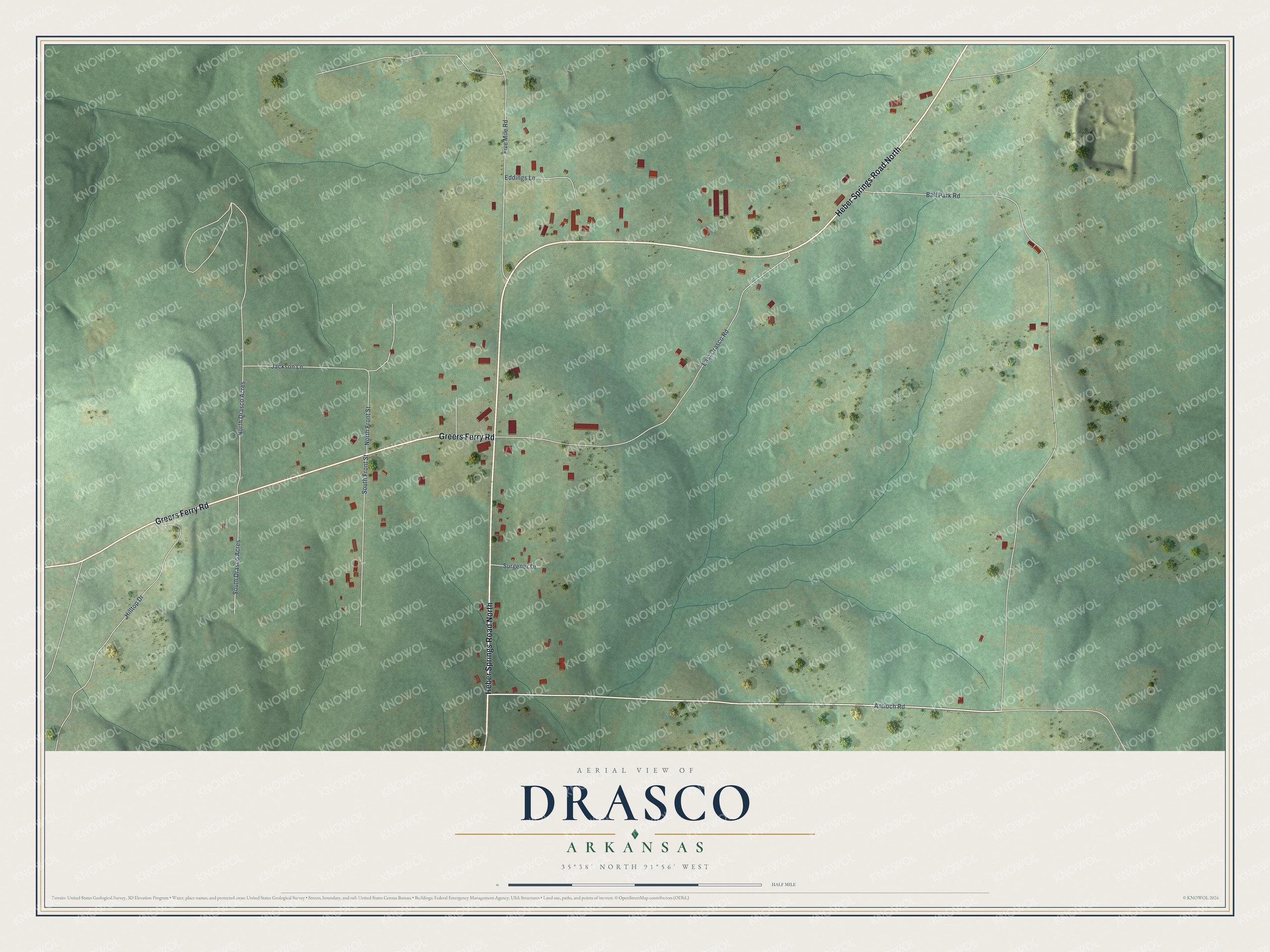 Full map of Drasco, Arkansas, with red buildings, printed street names and the land around them