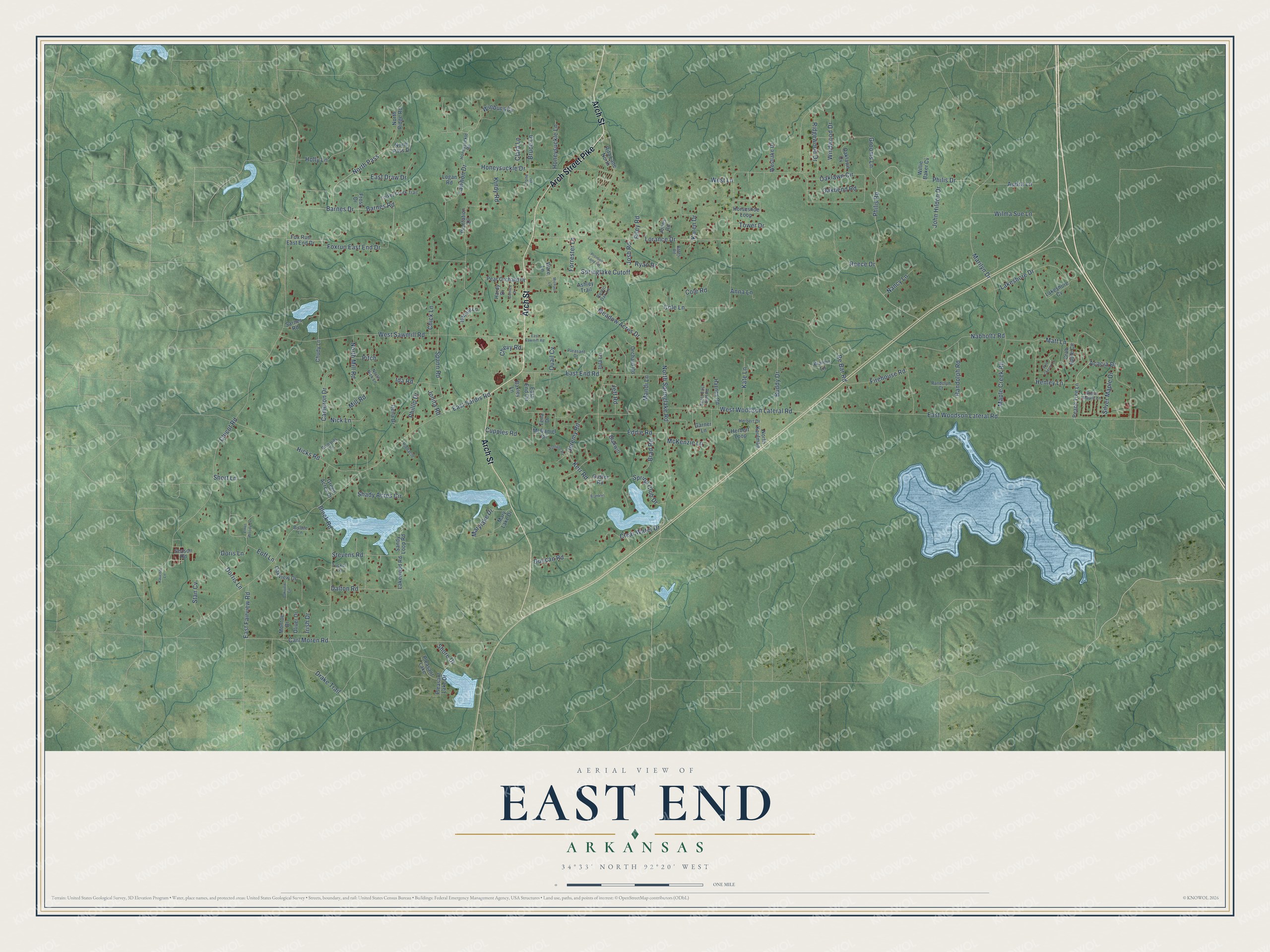 Full map of East End, Arkansas, with red buildings, printed street names and the land around them