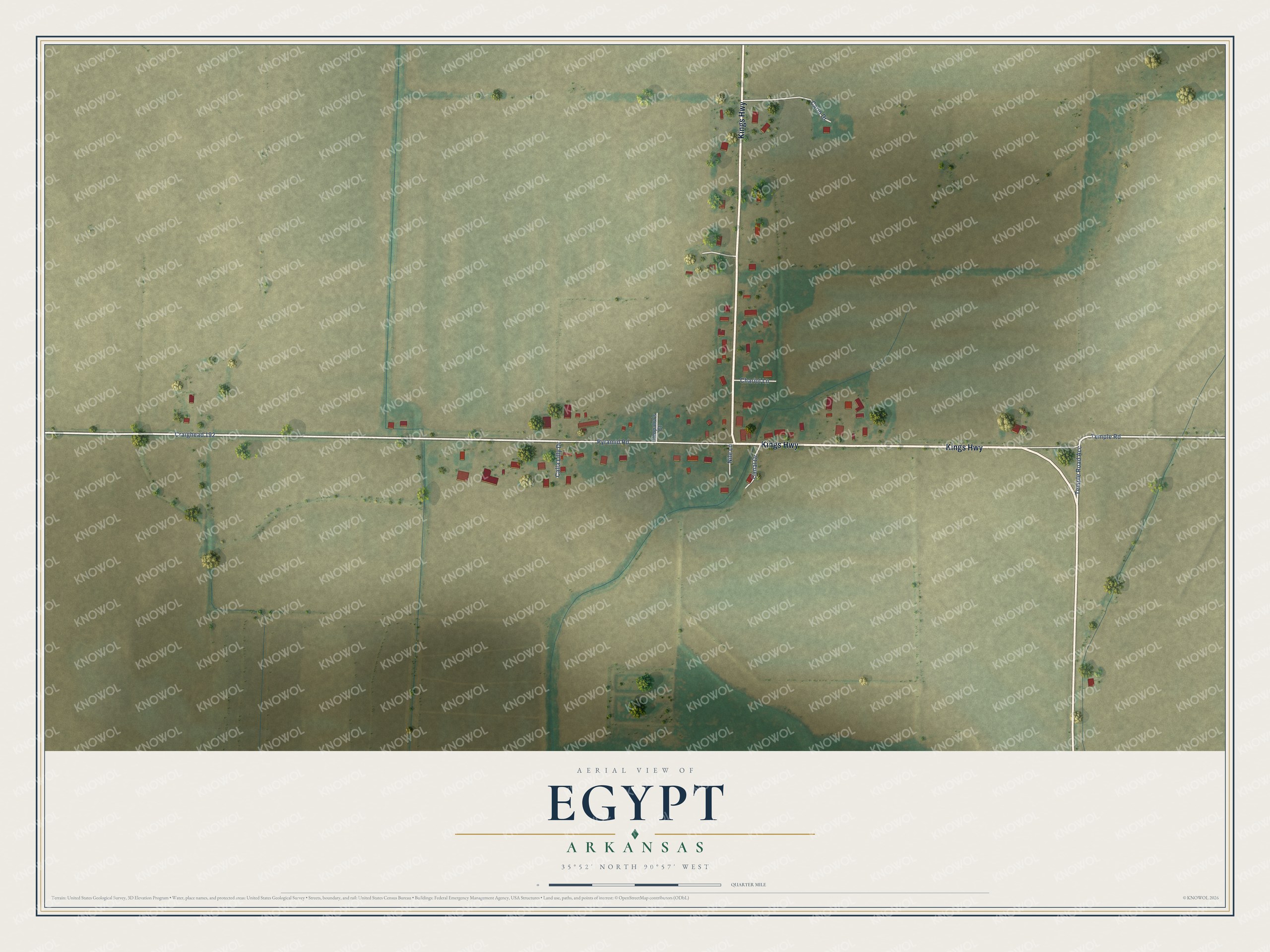 Full map of Egypt, Arkansas, with red buildings, printed street names and the land around them