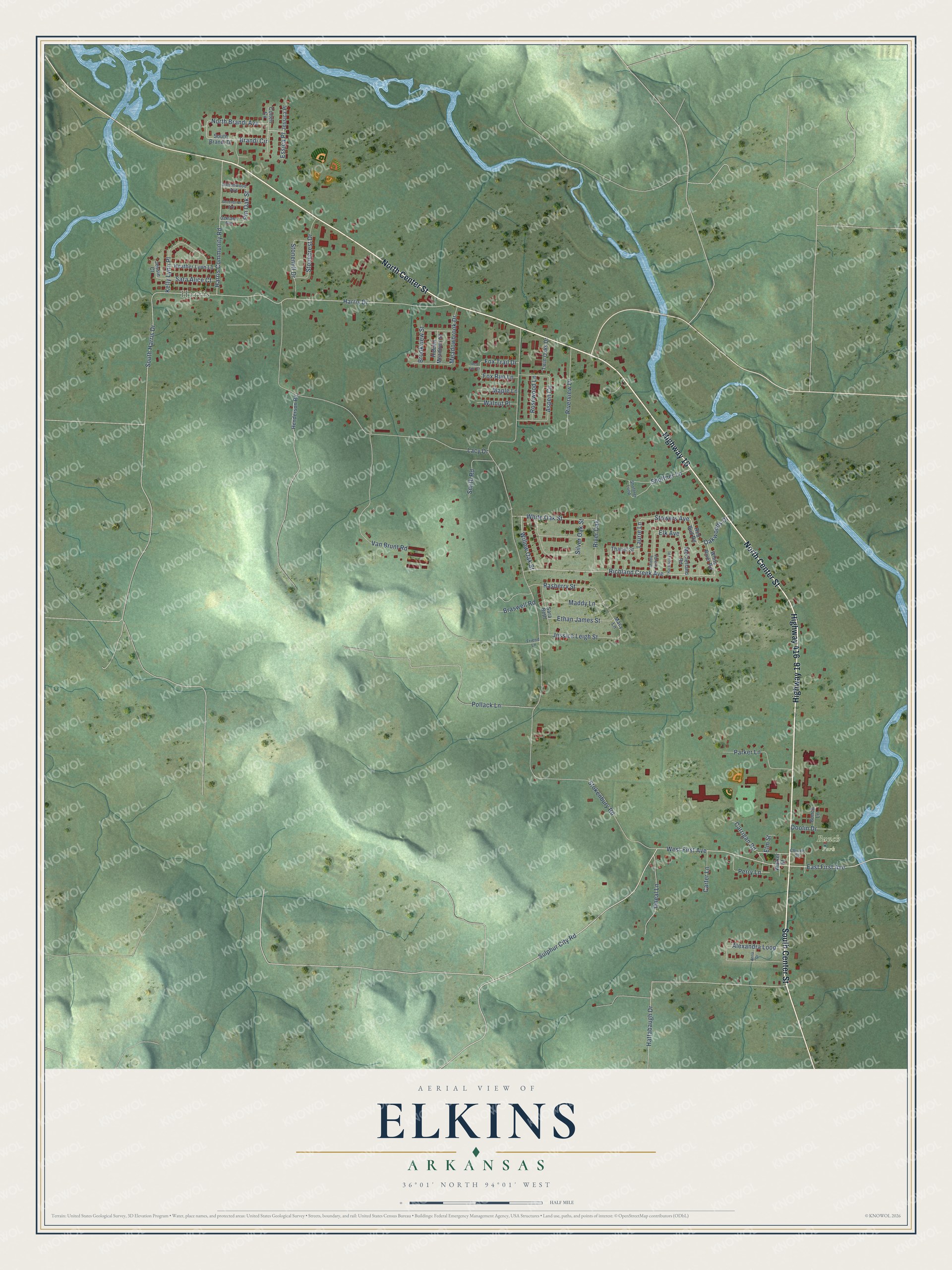 Watermarked full-map preview of Elkins, Arkansas