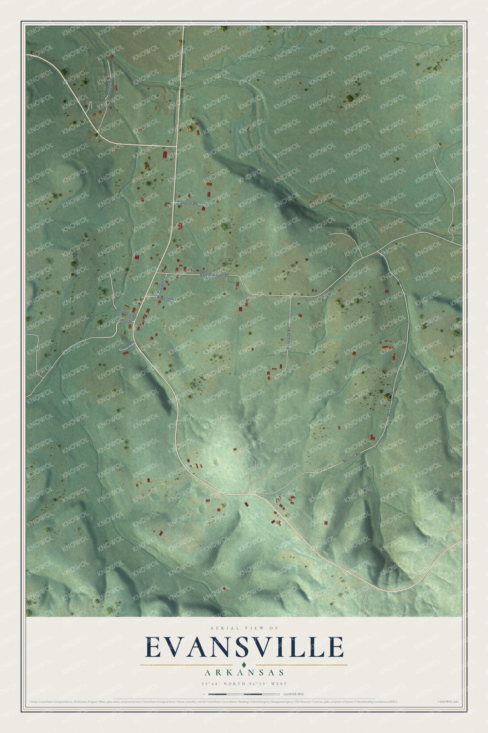 Full map of Evansville, Arkansas, with red buildings, printed street names and the land around them