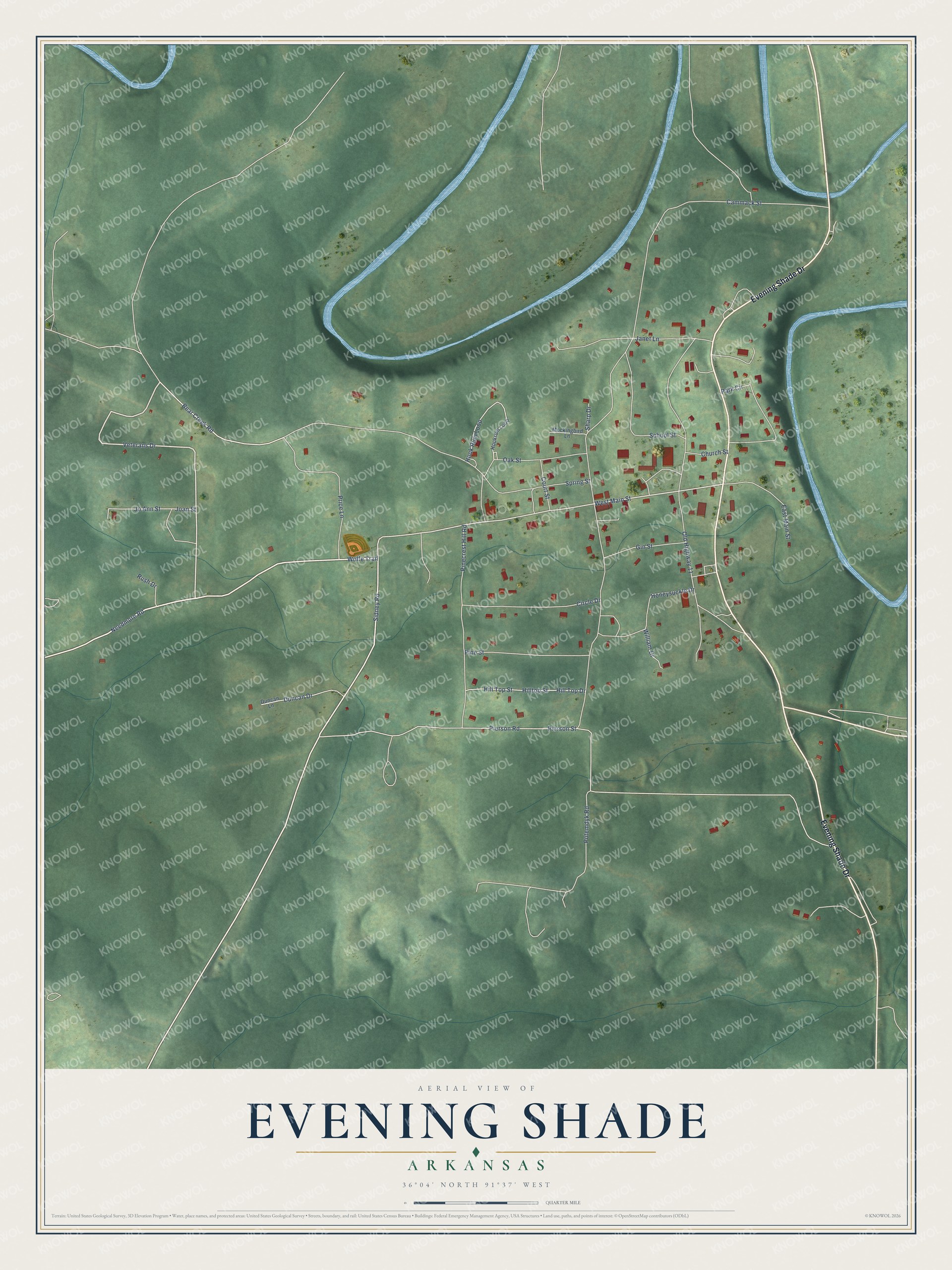 Watermarked full-map preview of Evening Shade, Arkansas