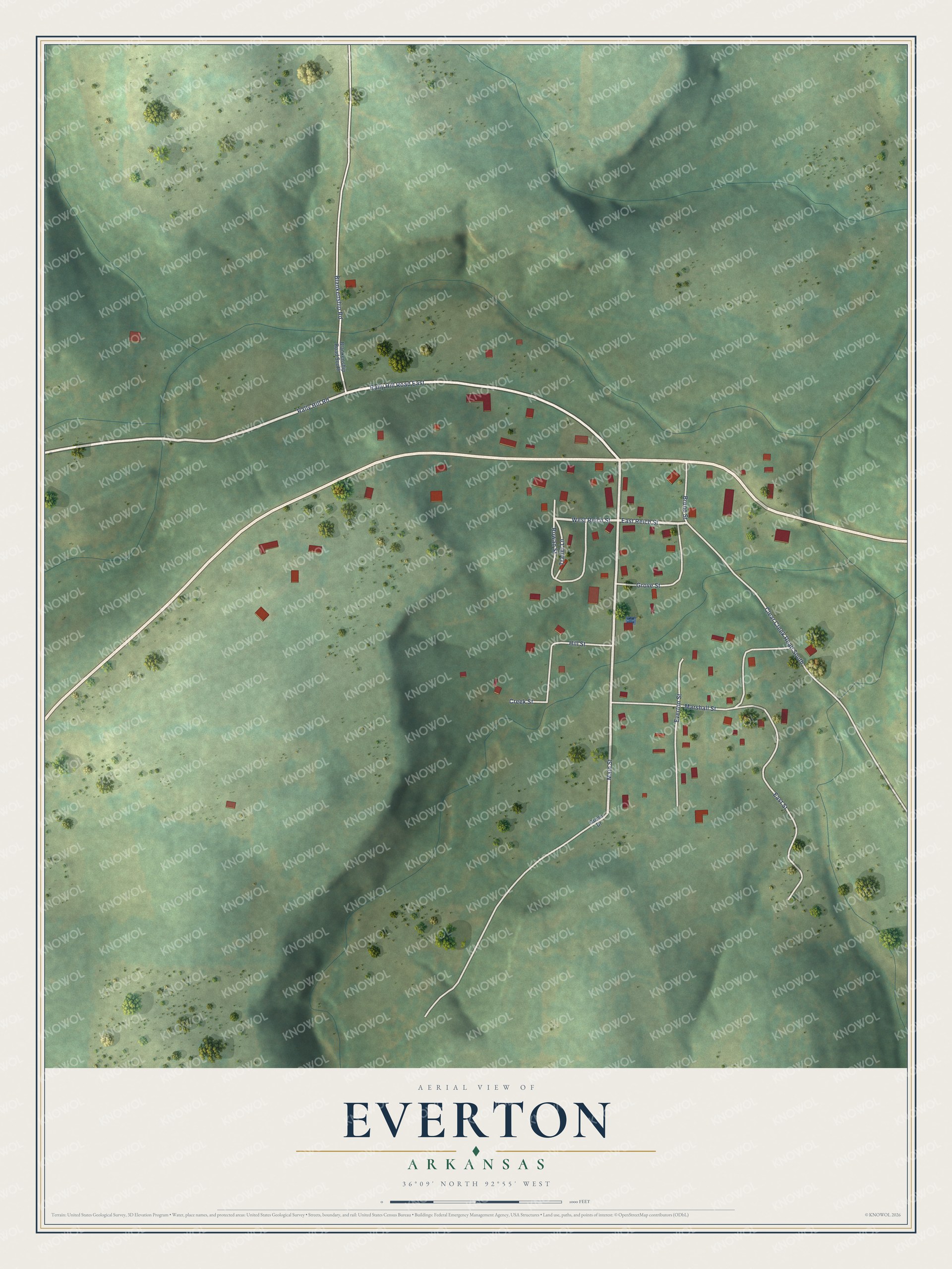 Full map of Everton, Arkansas, with red buildings, printed street names and the land around them