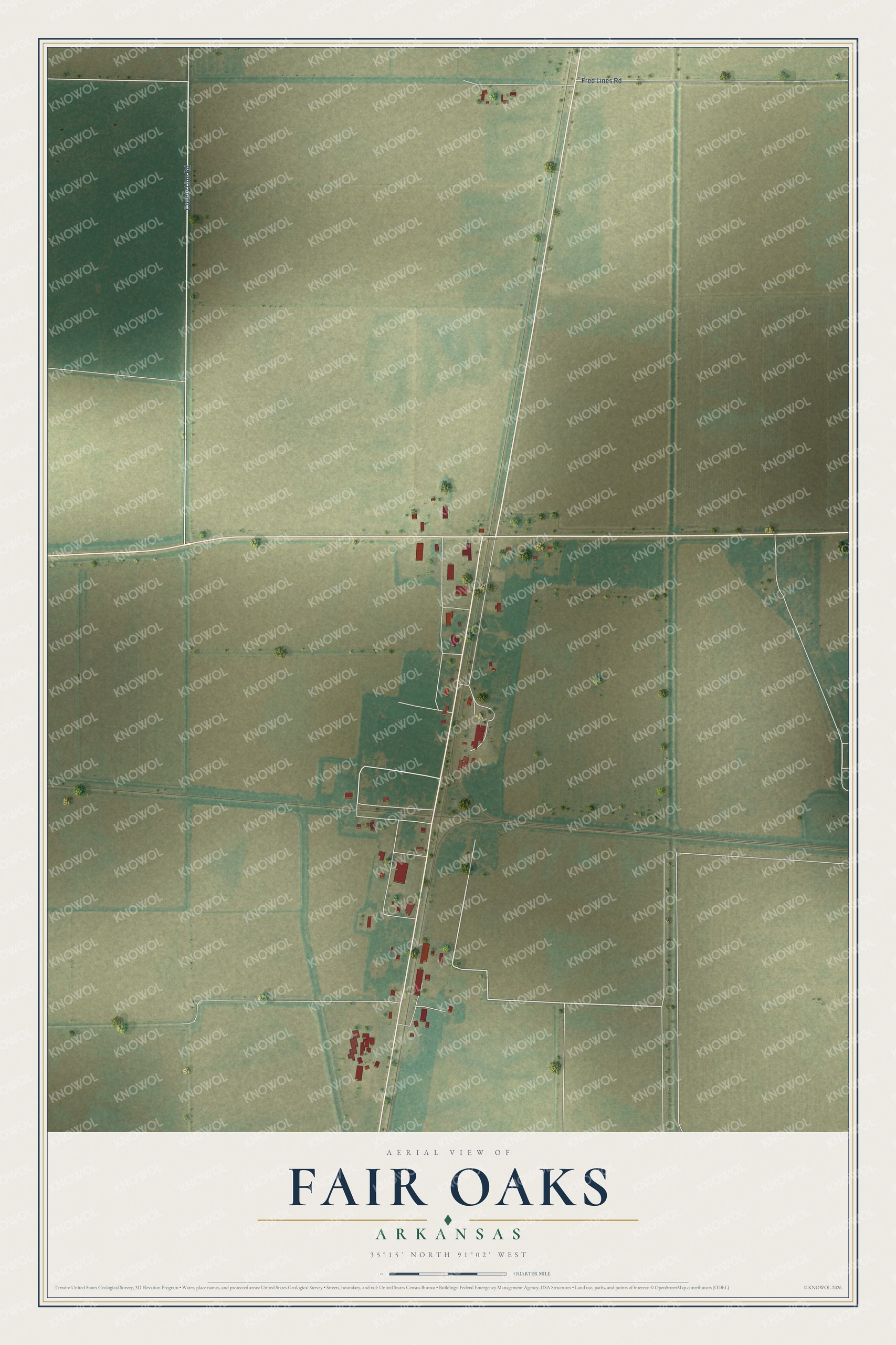 Full map of Fair Oaks, Arkansas, with red buildings, printed street names and the land around them