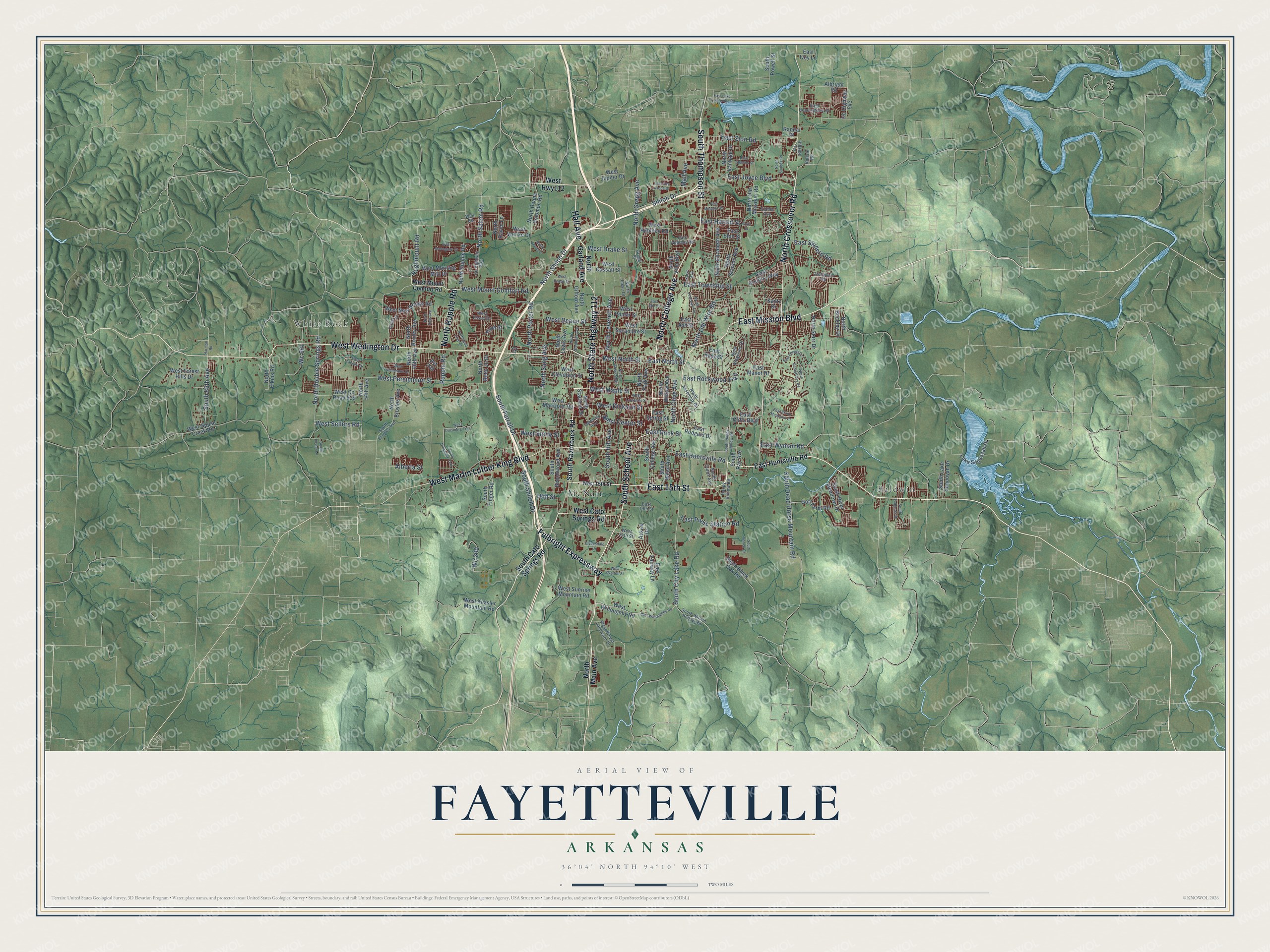 Full map of Fayetteville, Arkansas, with red buildings, printed street names and the land around them