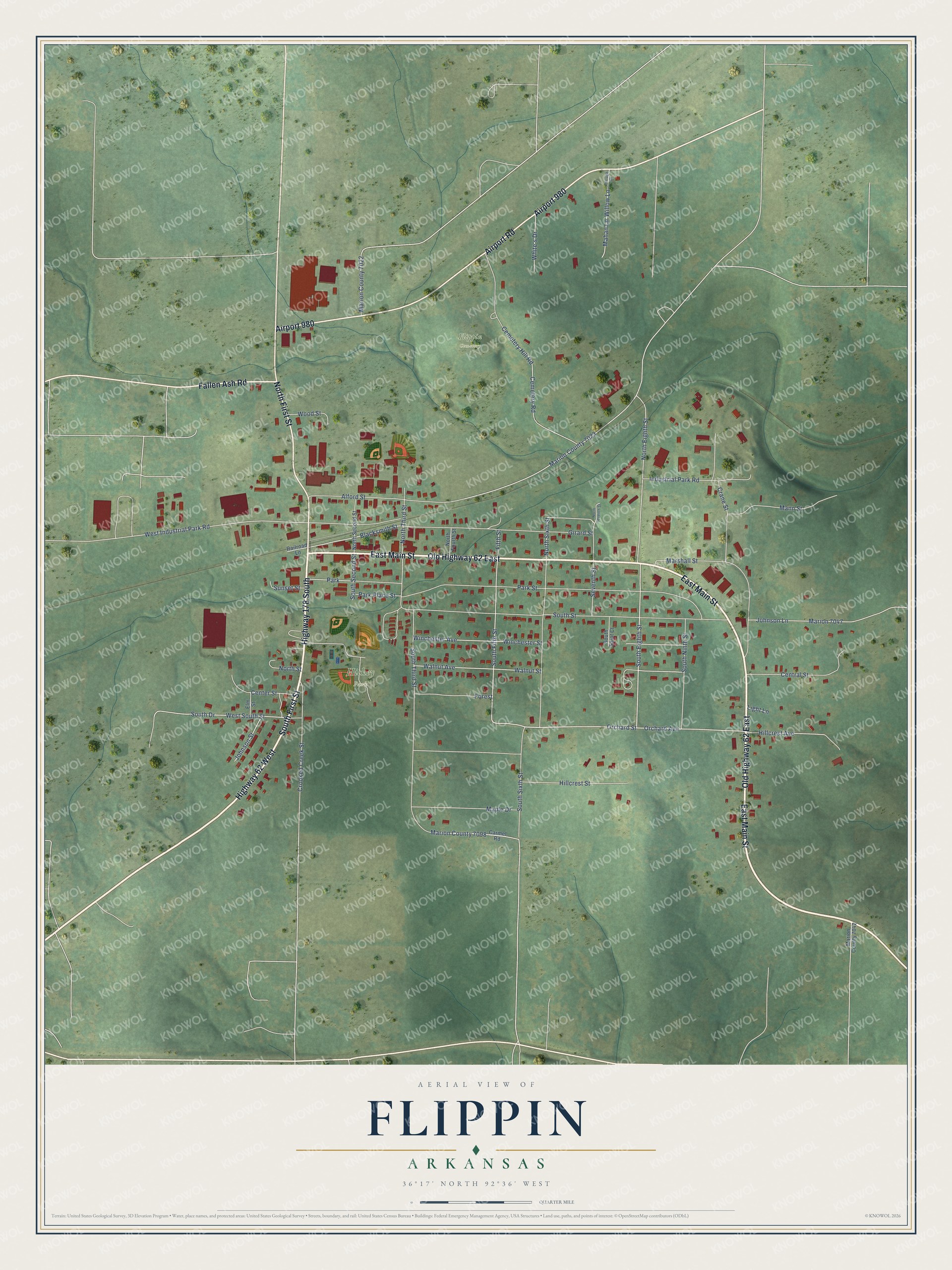 Full map of Flippin, Arkansas, with red buildings, printed street names and the land around them