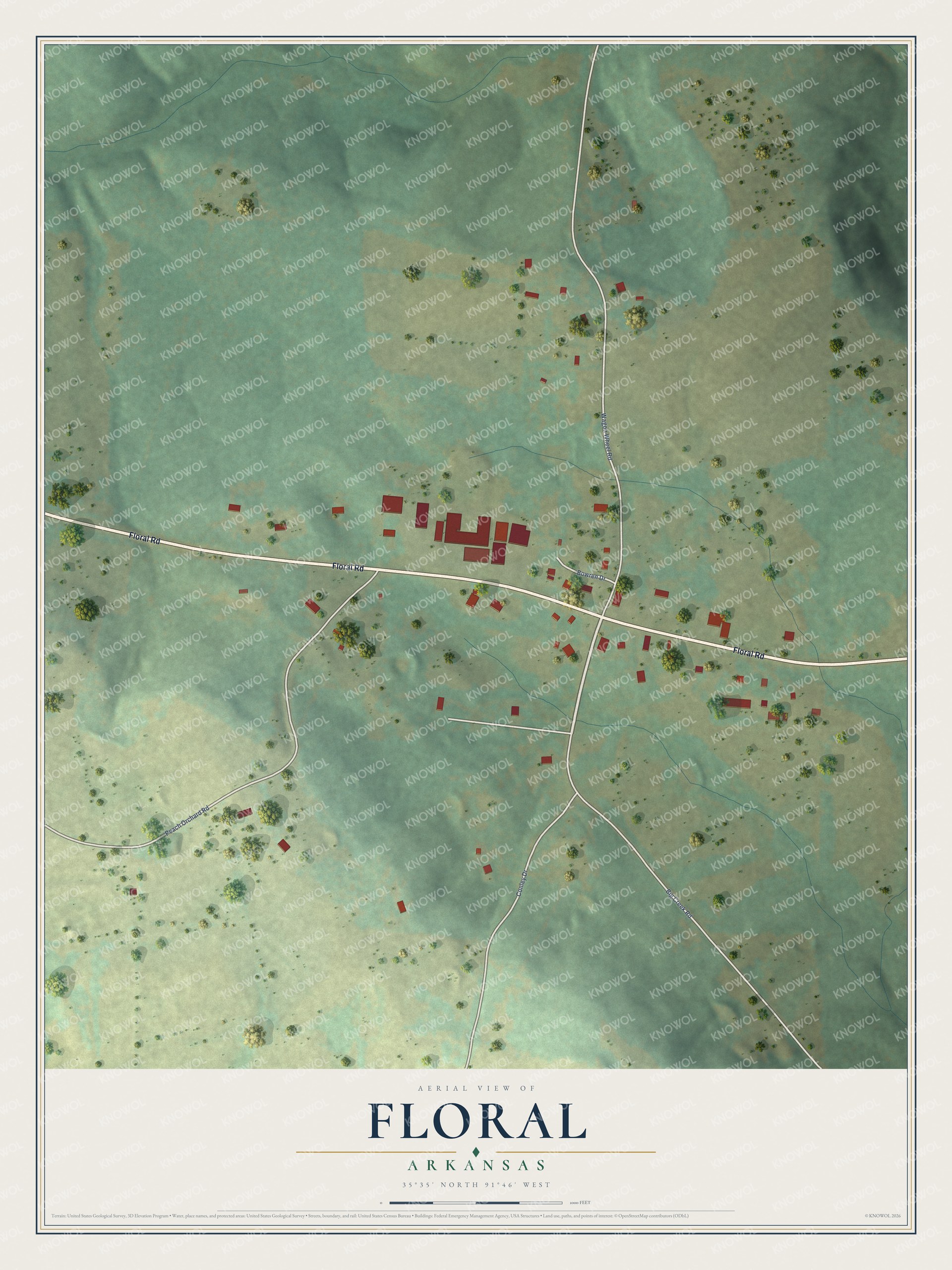 Full map of Floral, Arkansas, with red buildings, printed street names and the land around them