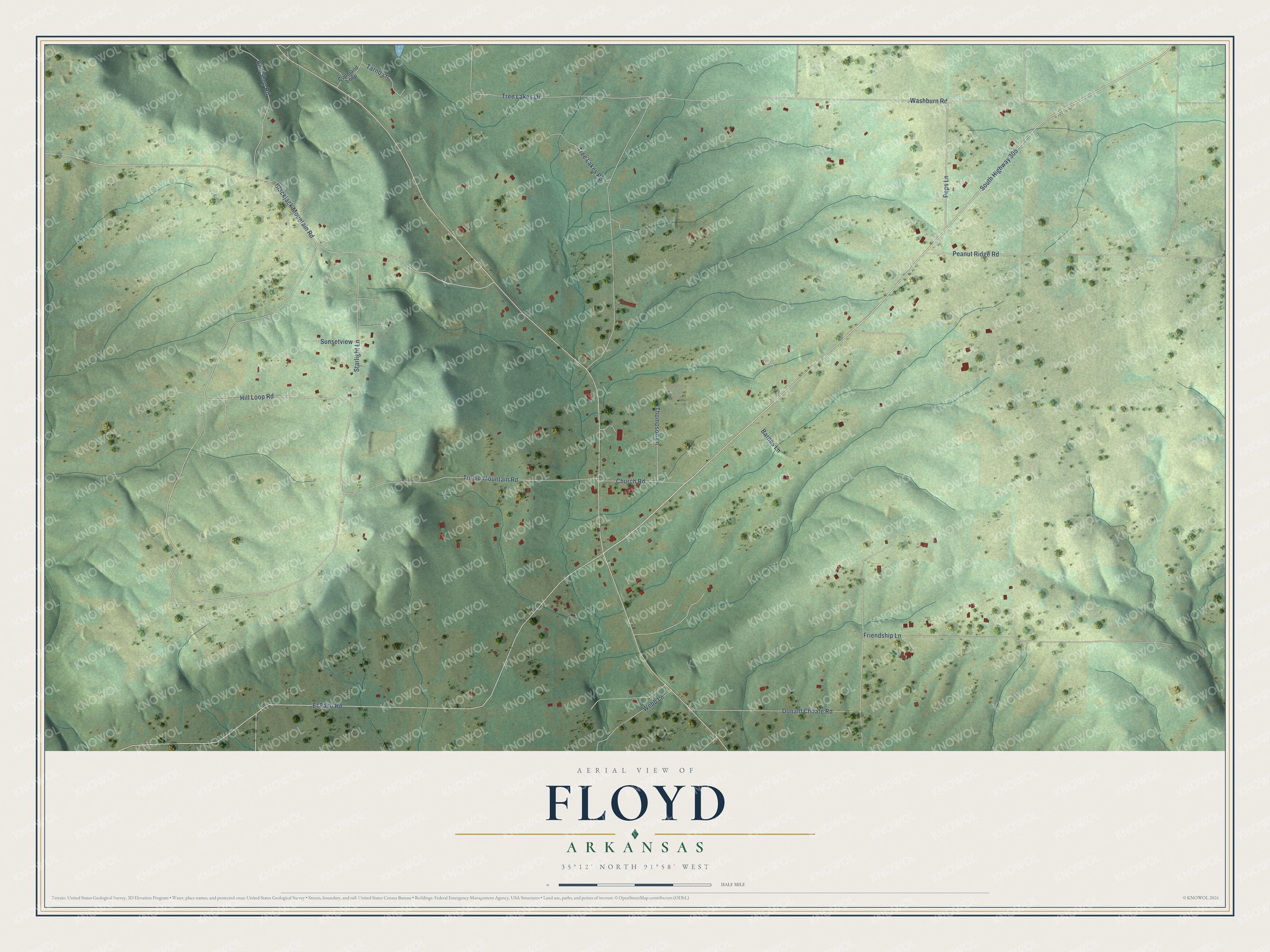 Full map of Floyd, Arkansas, with red buildings, printed street names and the land around them