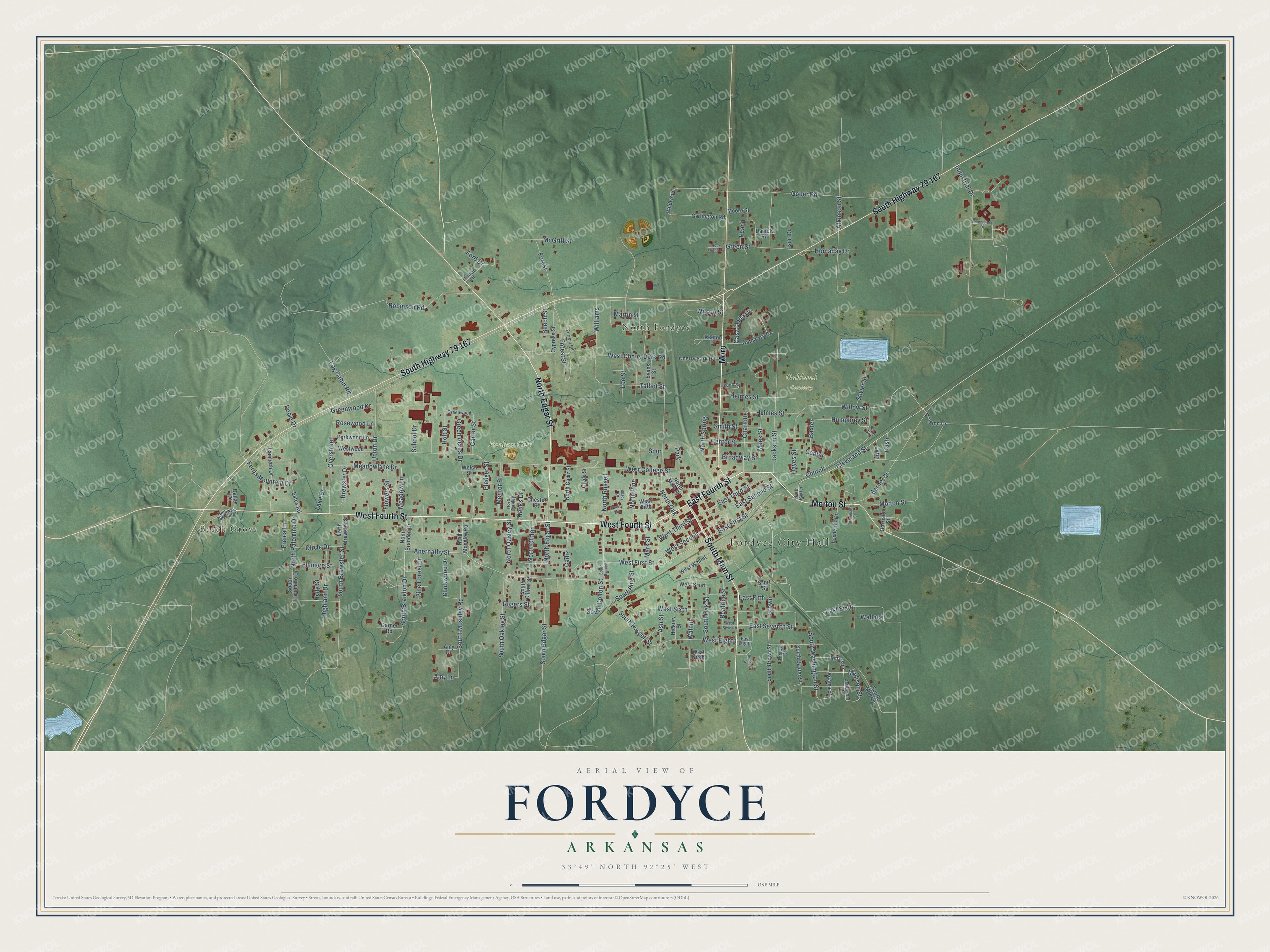 Full map of Fordyce, Arkansas, with red buildings, printed street names and the land around them