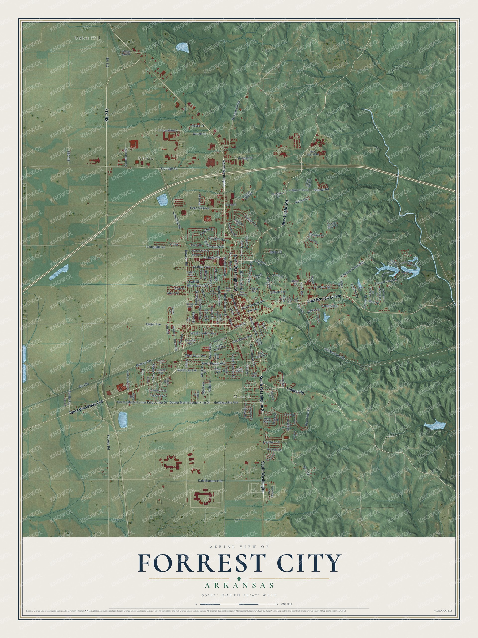 Full map of Forrest City, Arkansas, with red buildings, printed street names and the land around them
