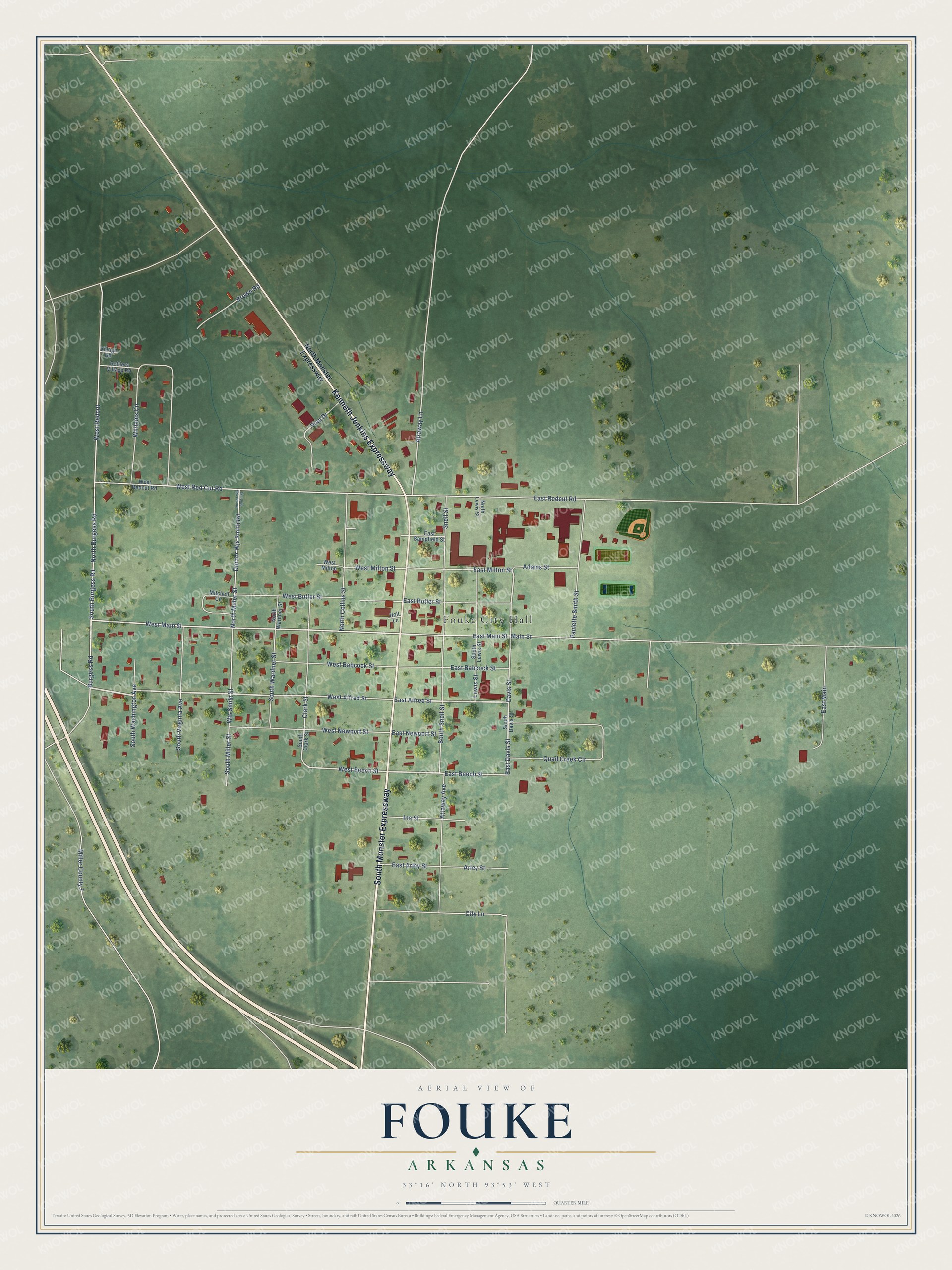 Full map of Fouke, Arkansas, with red buildings, printed street names and the land around them