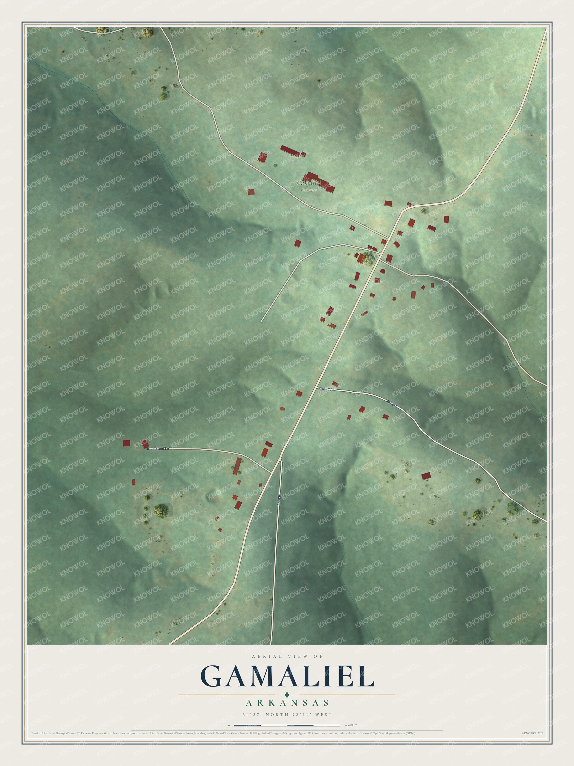 Full map of Gamaliel, Arkansas, with red buildings, printed street names and the land around them