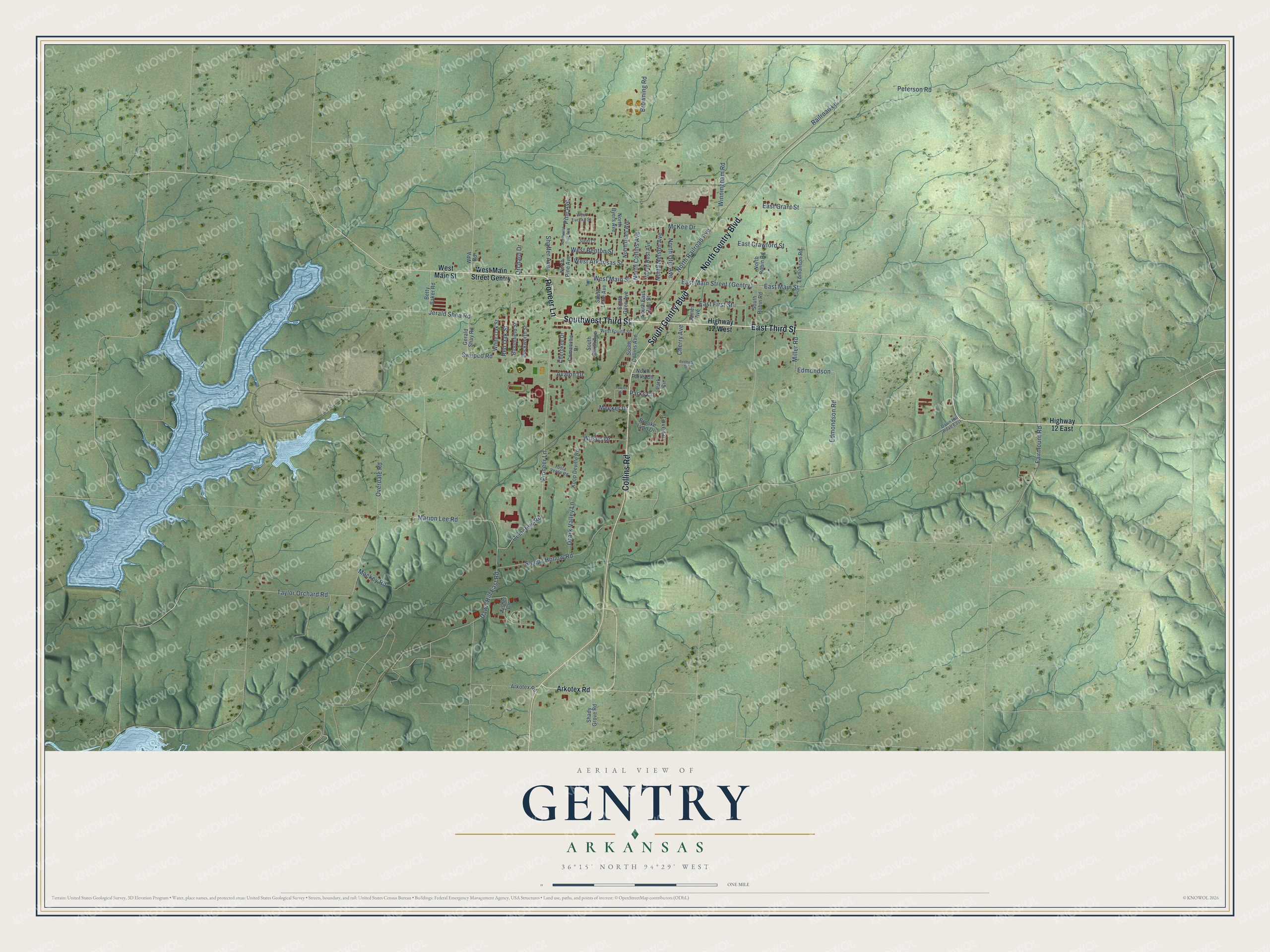 Full map of Gentry, Arkansas, with red buildings, printed street names and the land around them