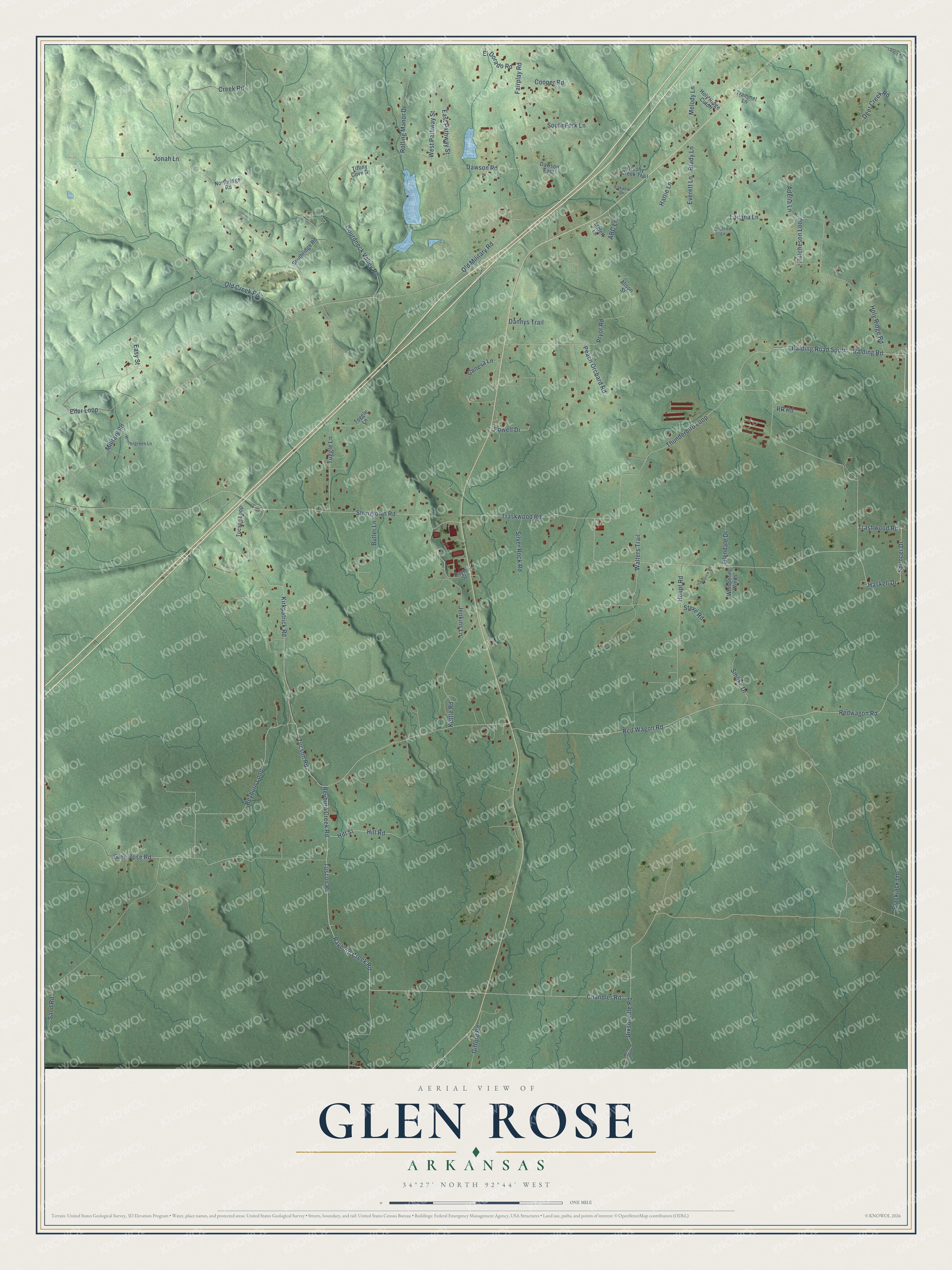 Full map of Glen Rose, Arkansas, with red buildings, printed street names and the land around them
