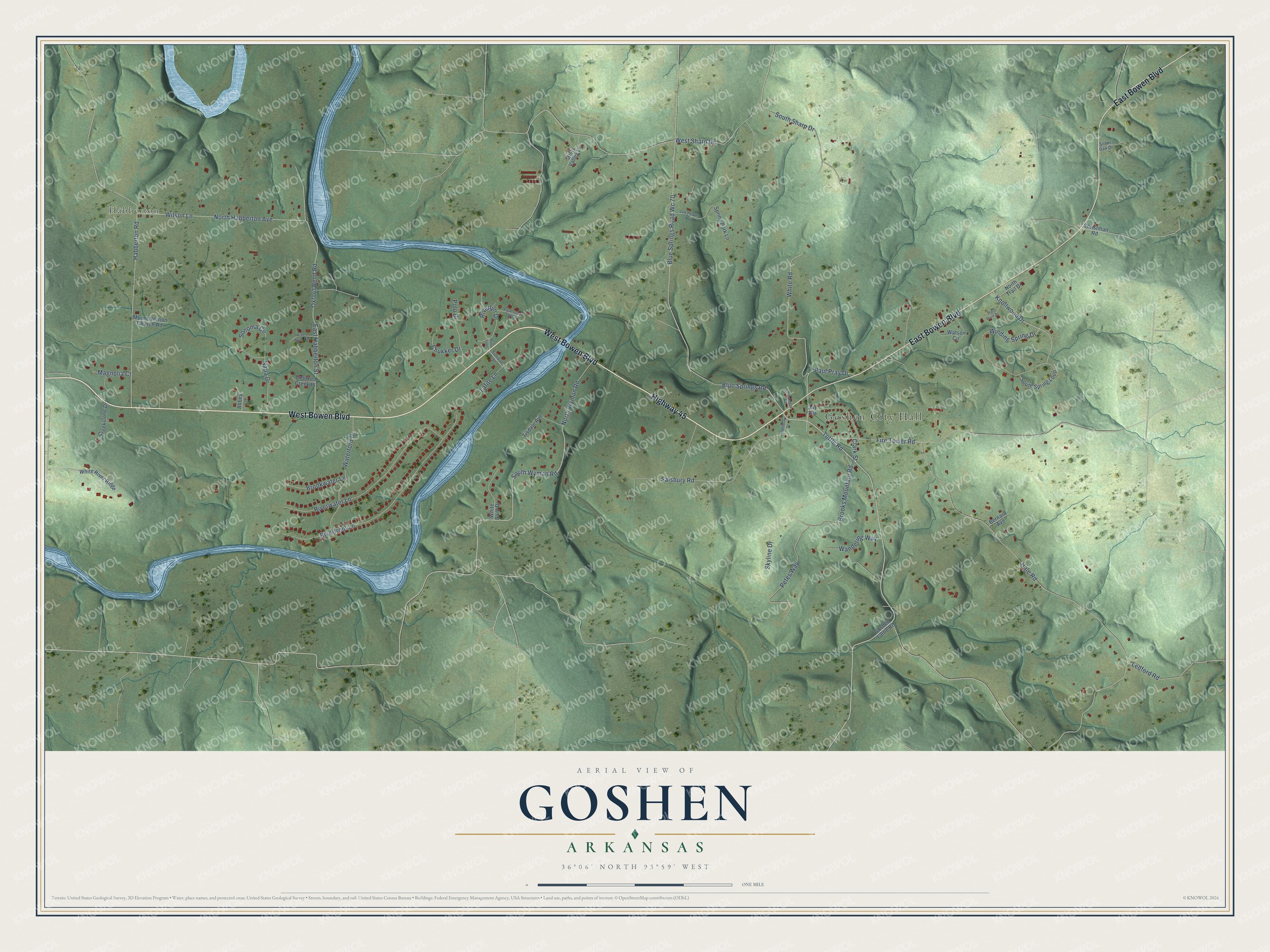 Full map of Goshen, Arkansas, with red buildings, printed street names and the land around them