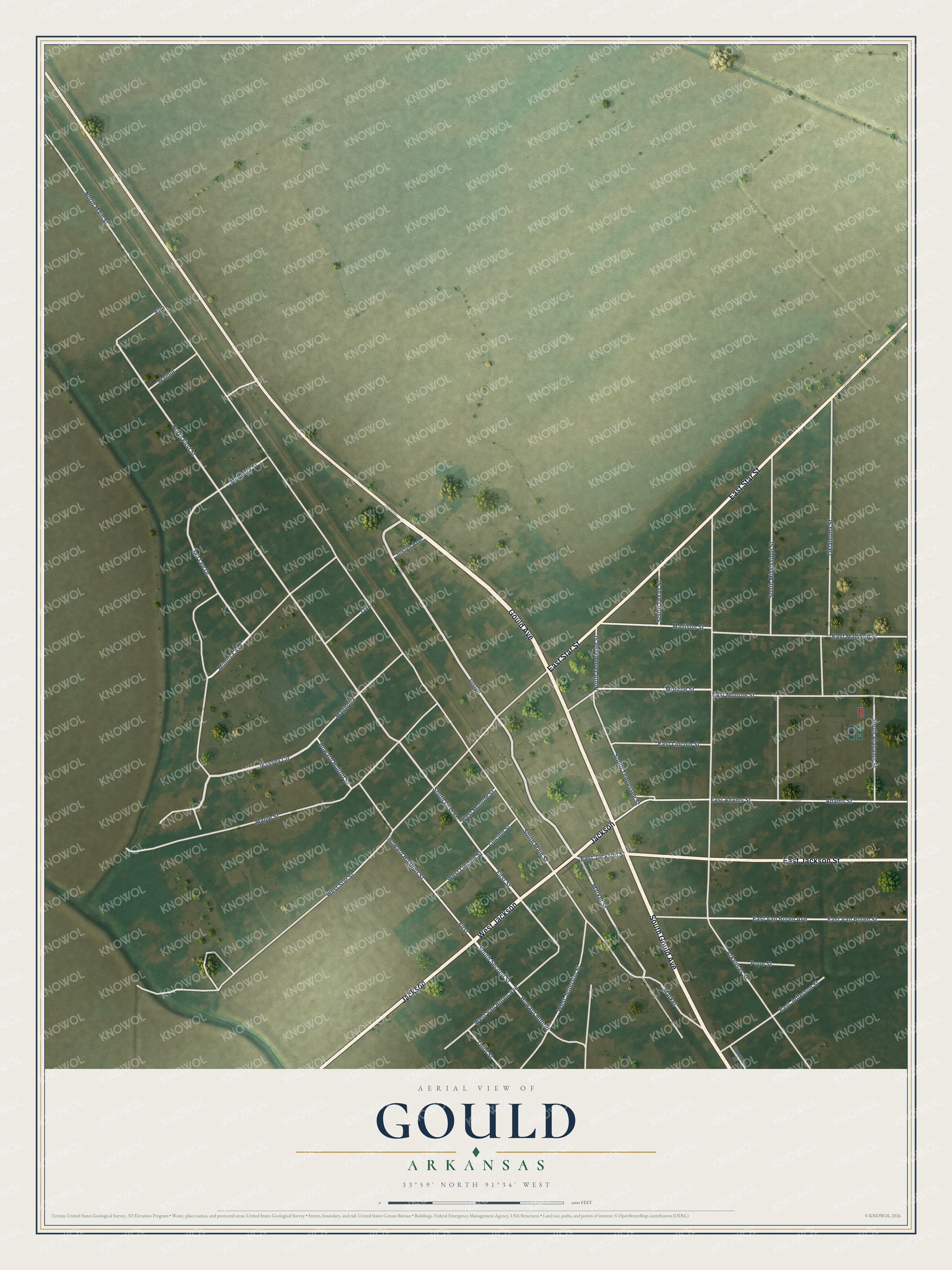 Full map of Gould, Arkansas, with red buildings, printed street names and the land around them