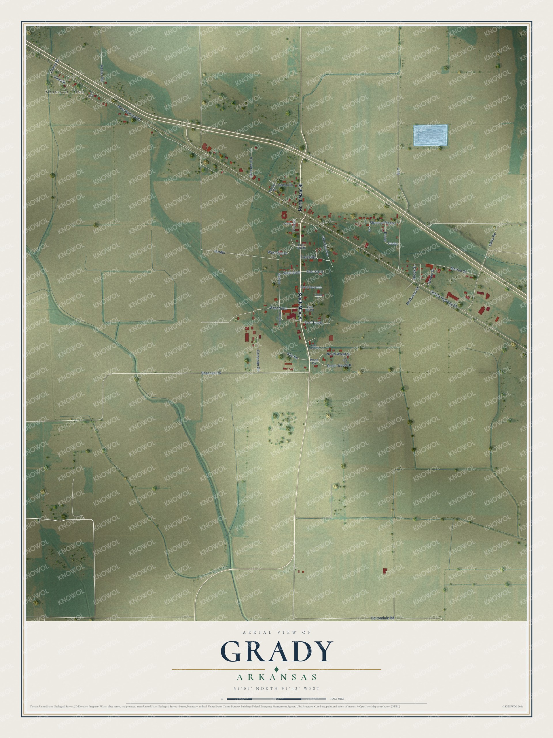Full map of Grady, Arkansas, with red buildings, printed street names and the land around them