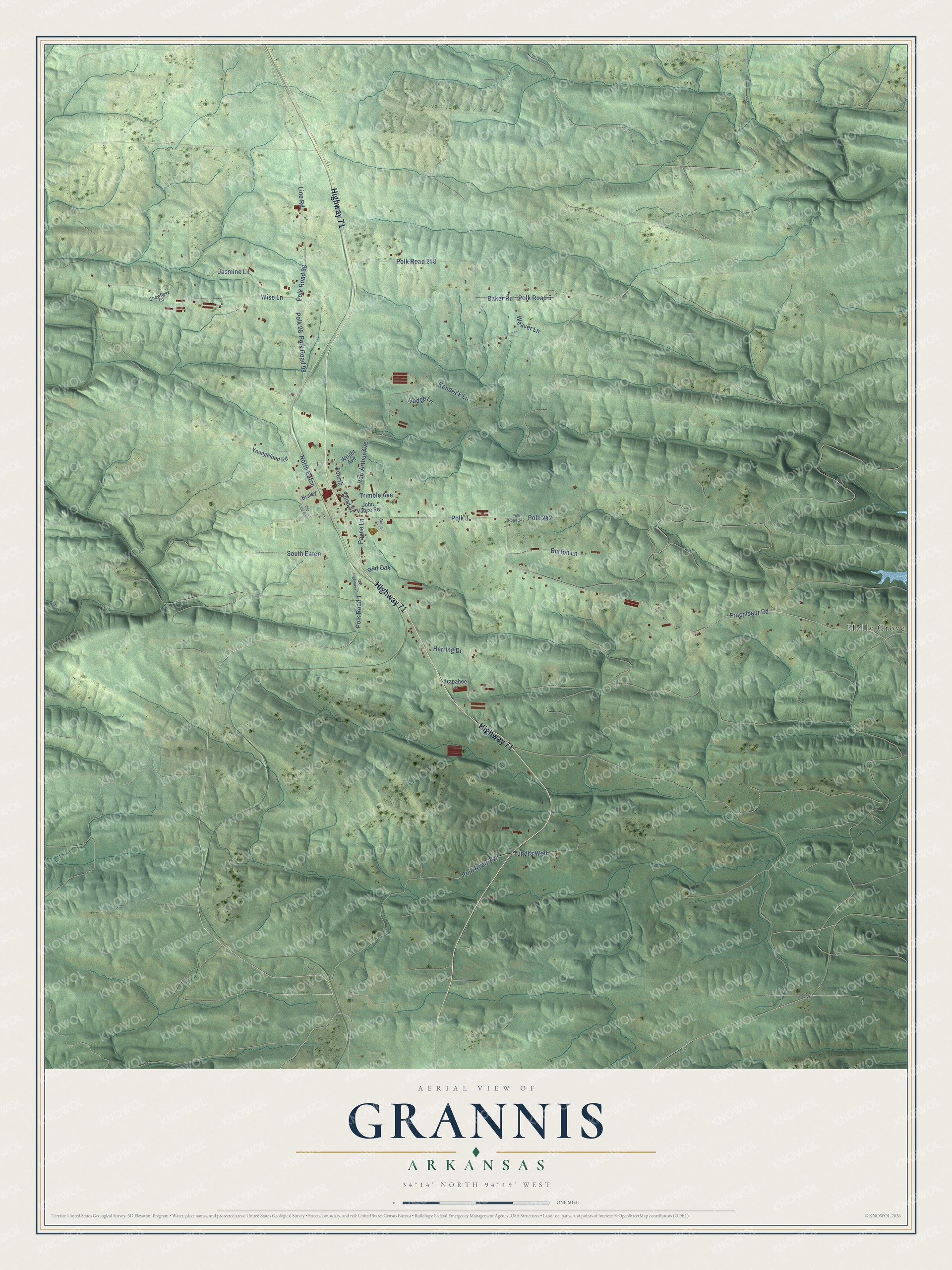 Full map of Grannis, Arkansas, with red buildings, printed street names and the land around them