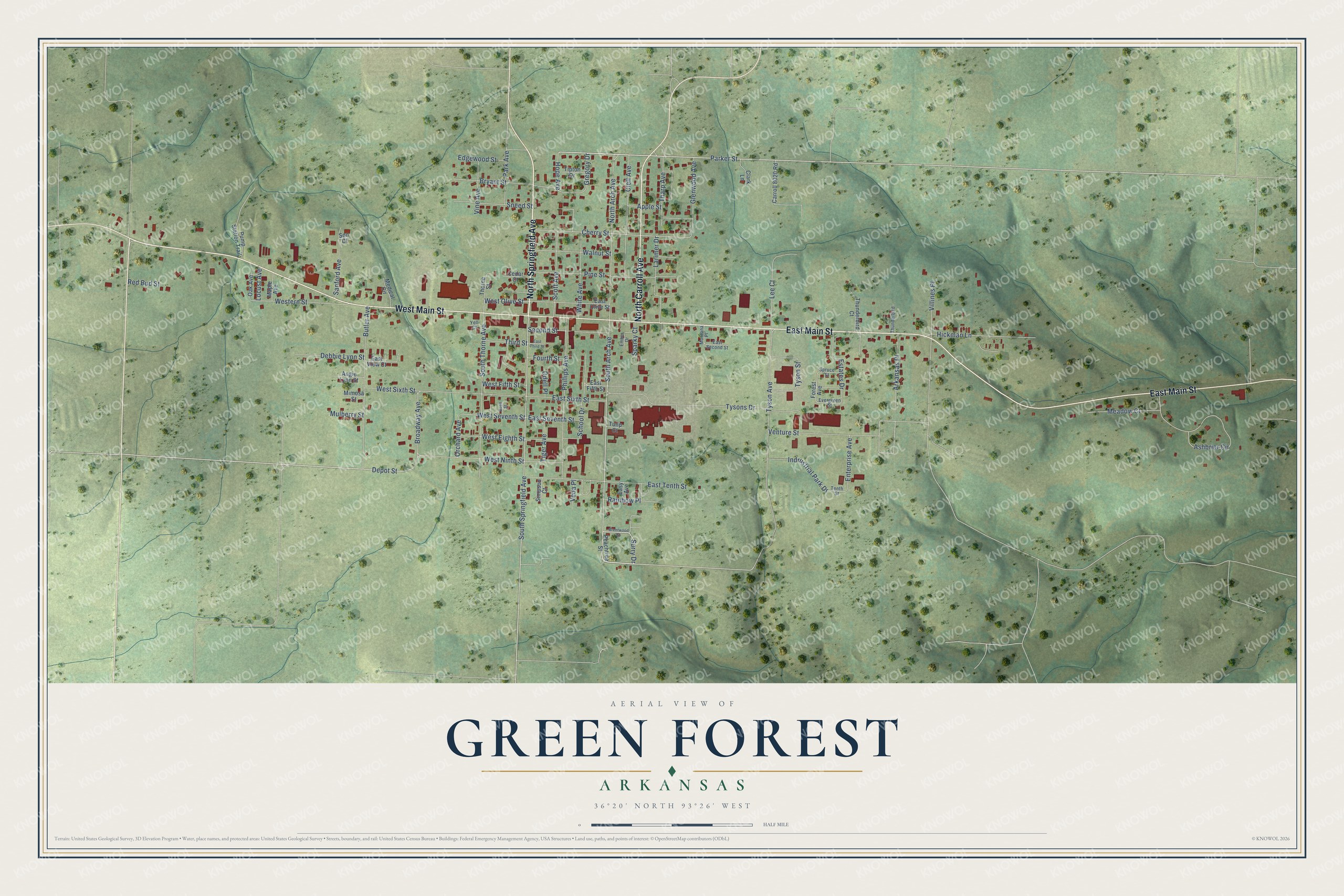 Full map of Green Forest, Arkansas, with red buildings, printed street names and the land around them