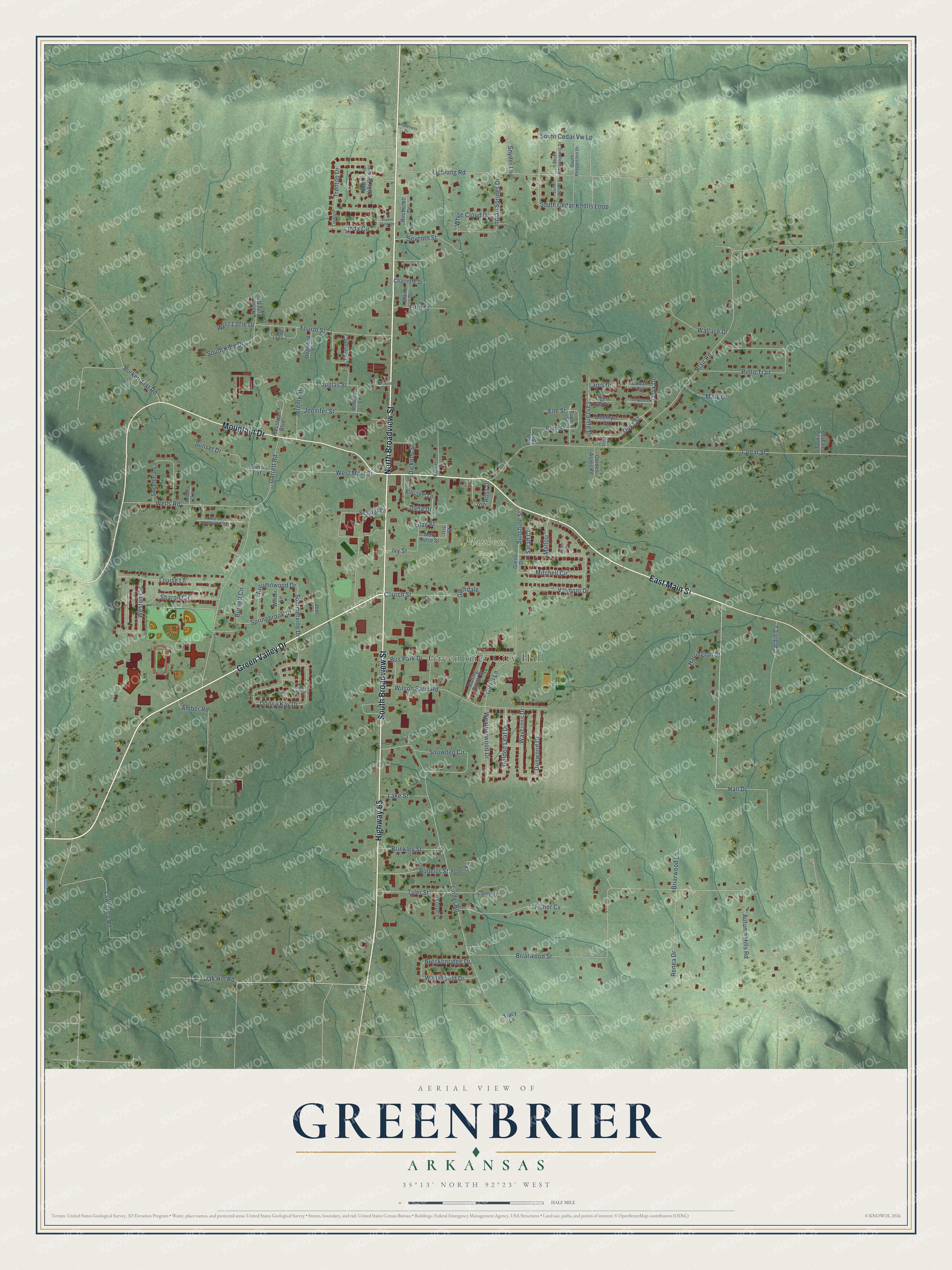 Full map of Greenbrier, Arkansas, with red buildings, printed street names and the land around them